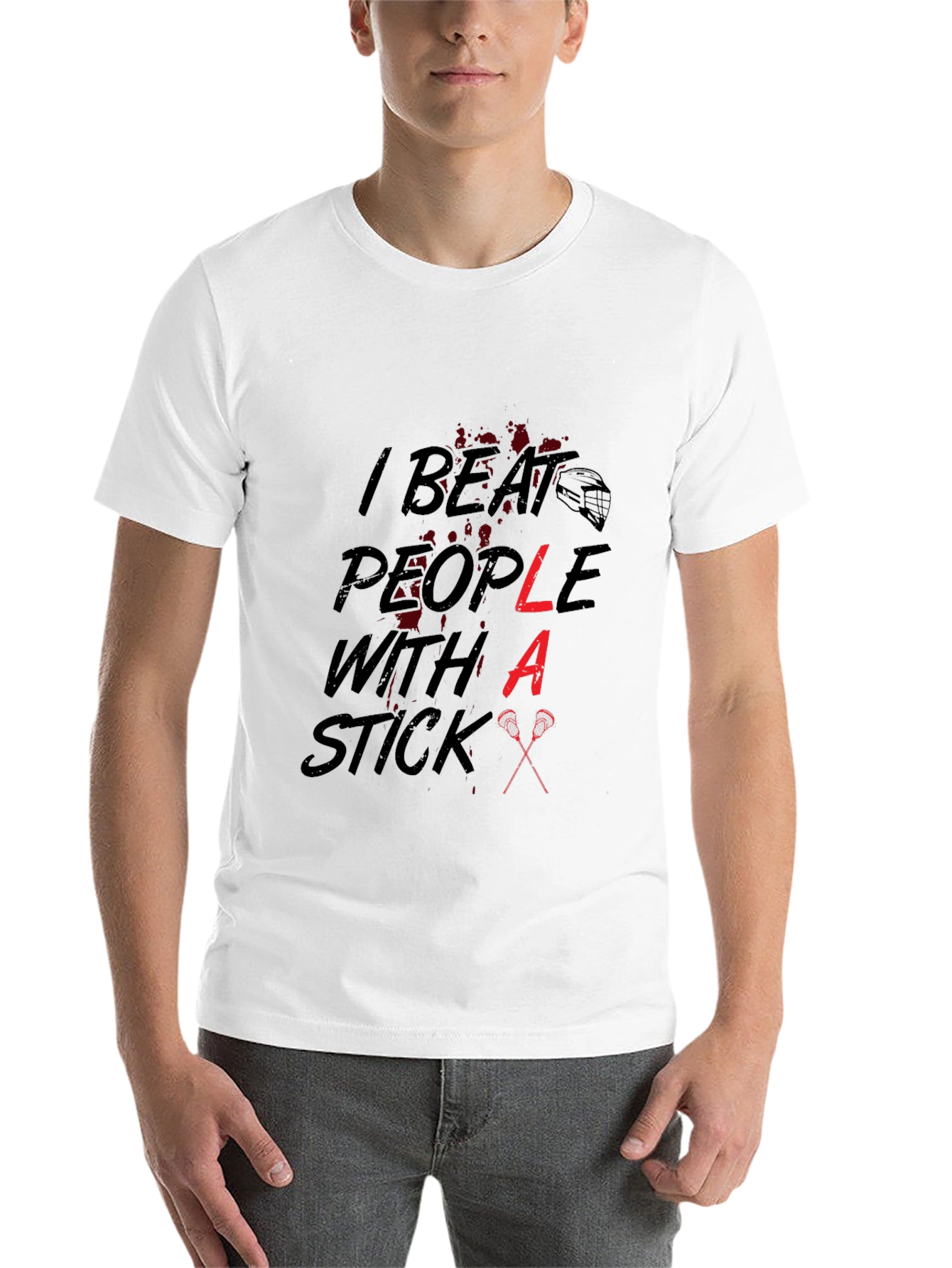 Black I Beat People With a Stick Lacrosse T-Shirt view 14