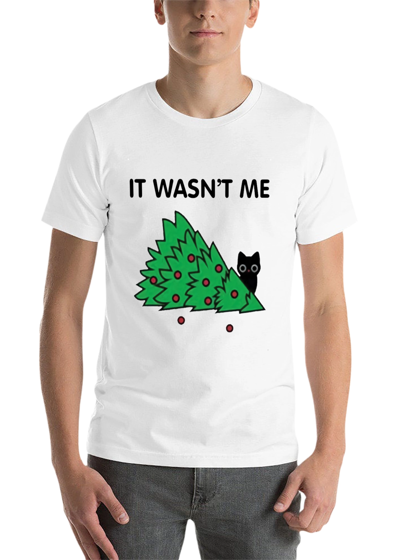 Black It Wasn't Me Christmas Tree Cat T-Shirt view 14
