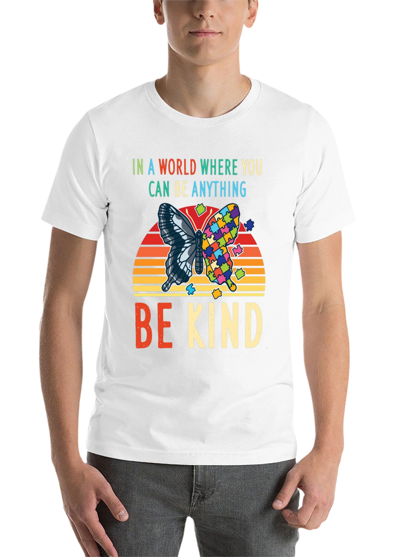 Black Be Kind Autism Awareness Butterfly T-Shirt view 14