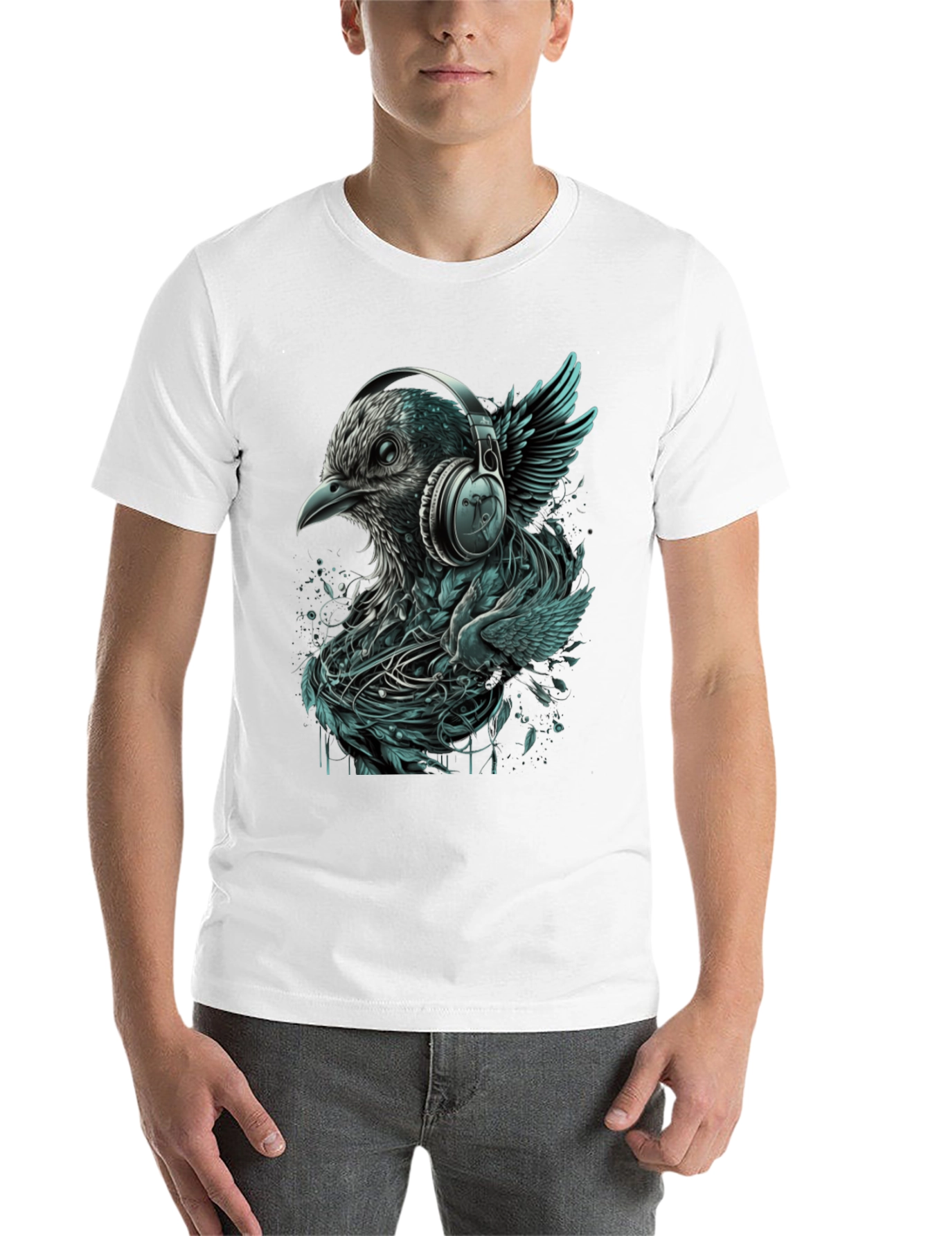 Black Bird with Headphones Graphic Tee view 14