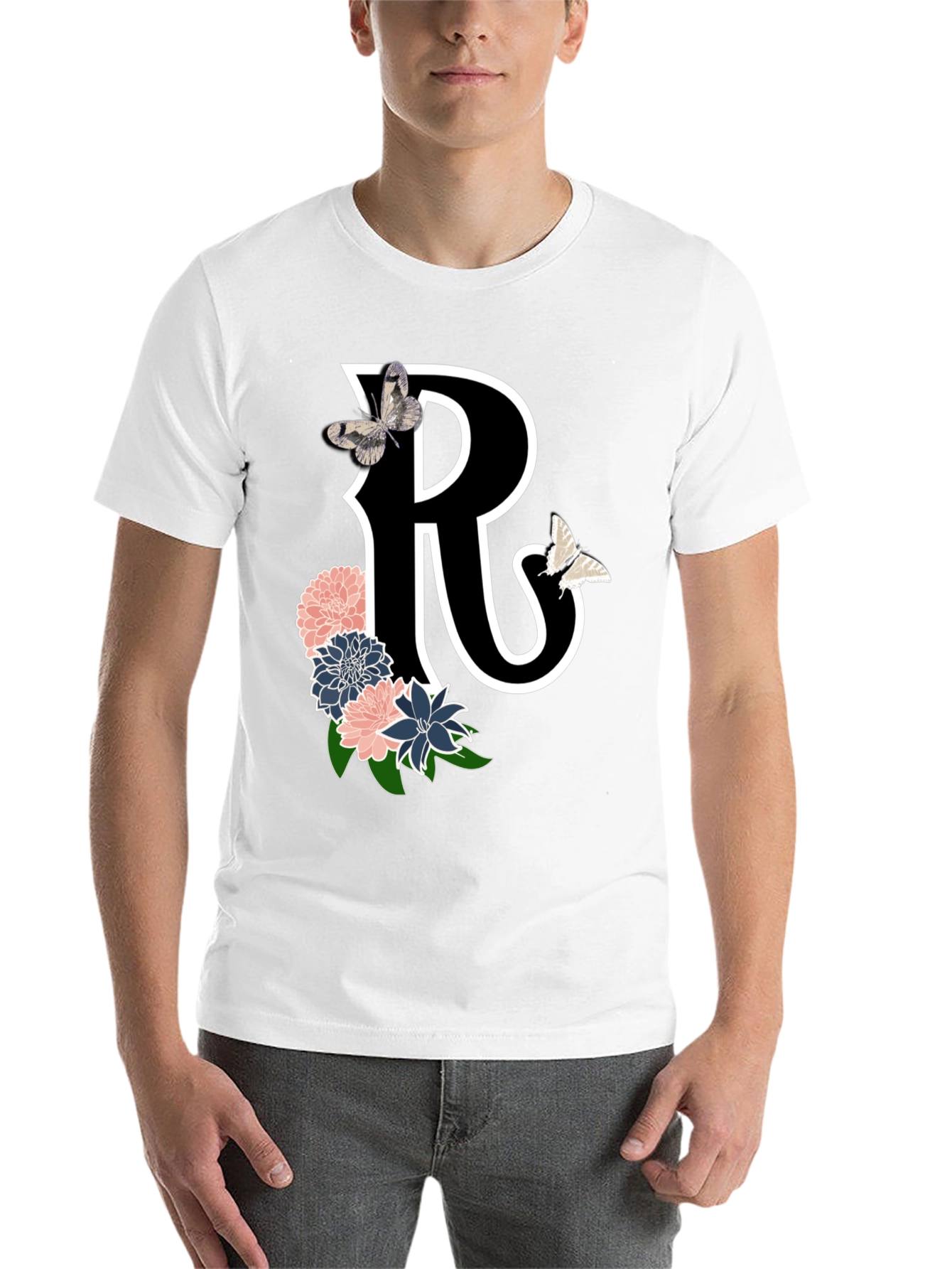 Black Letter R Floral Butterfly Black T-Shirt view 14