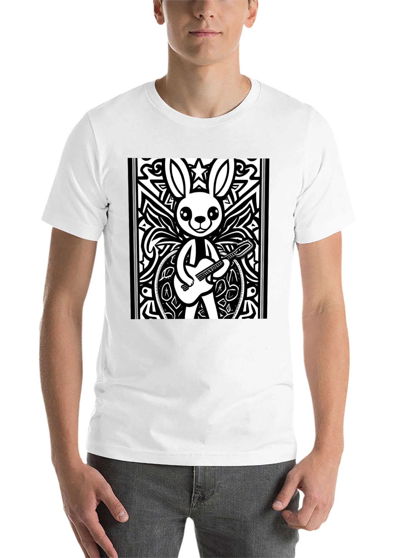 Black Cartoon Rabbit Guitarist Black T-Shirt view 14