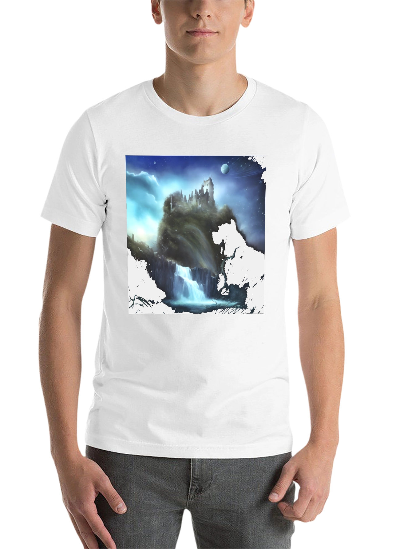 Black Fantasy Castle Waterfall Graphic Black T-Shirt view 14