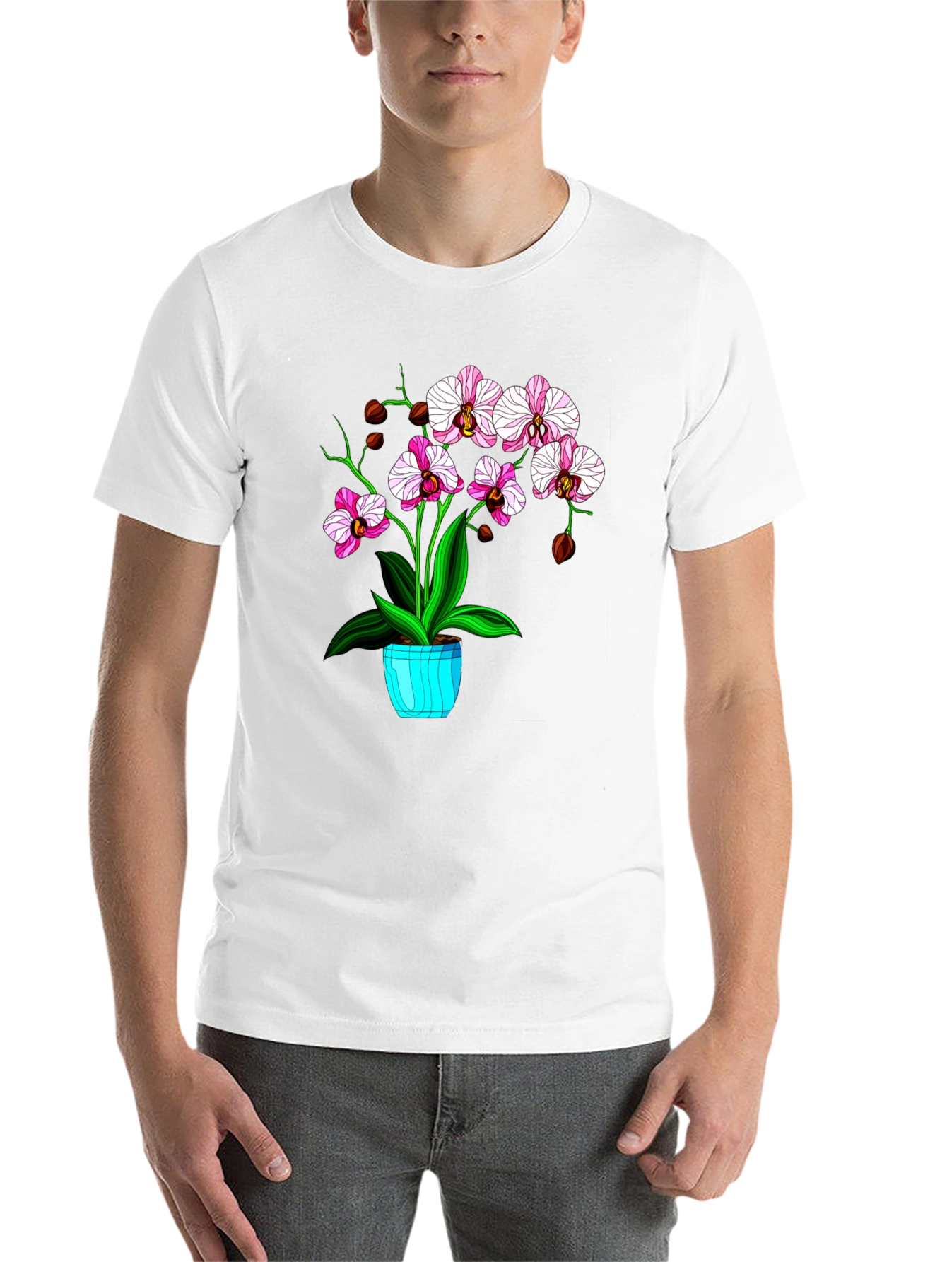 Black Floral T-Shirt with Orchid Plant Graphic view 14