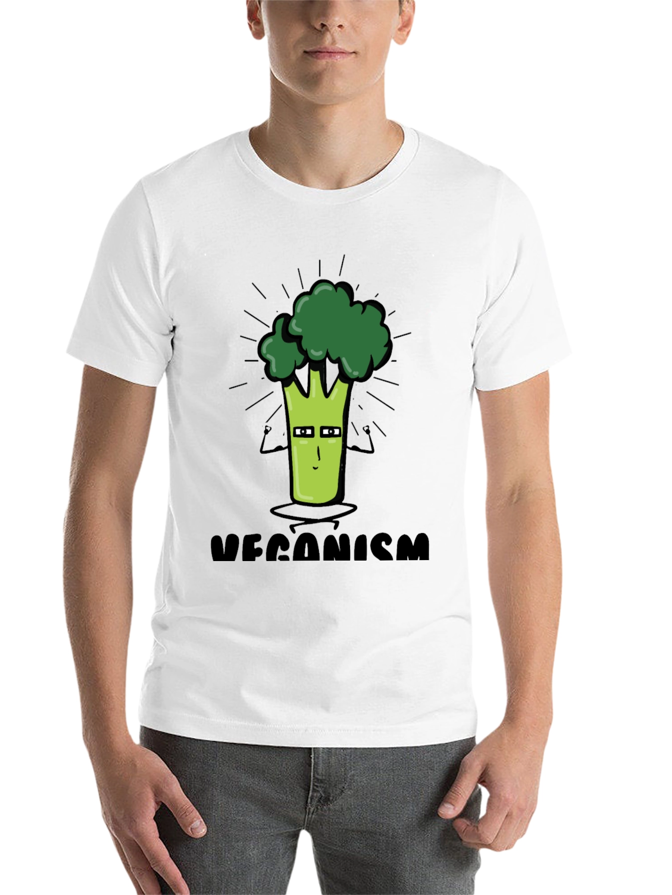 Black Veganism Cartoon Broccoli Black T-Shirt view 14