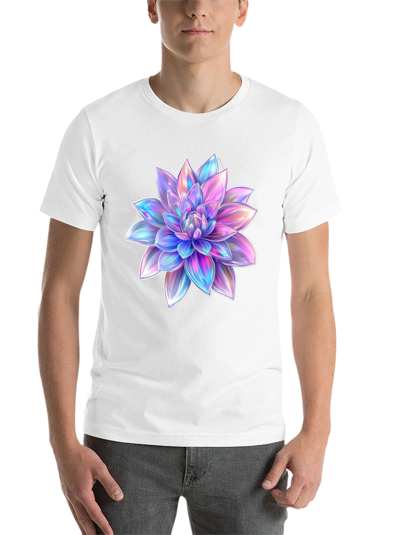 Black Men's Black T-Shirt with Holographic Flower Design view 14
