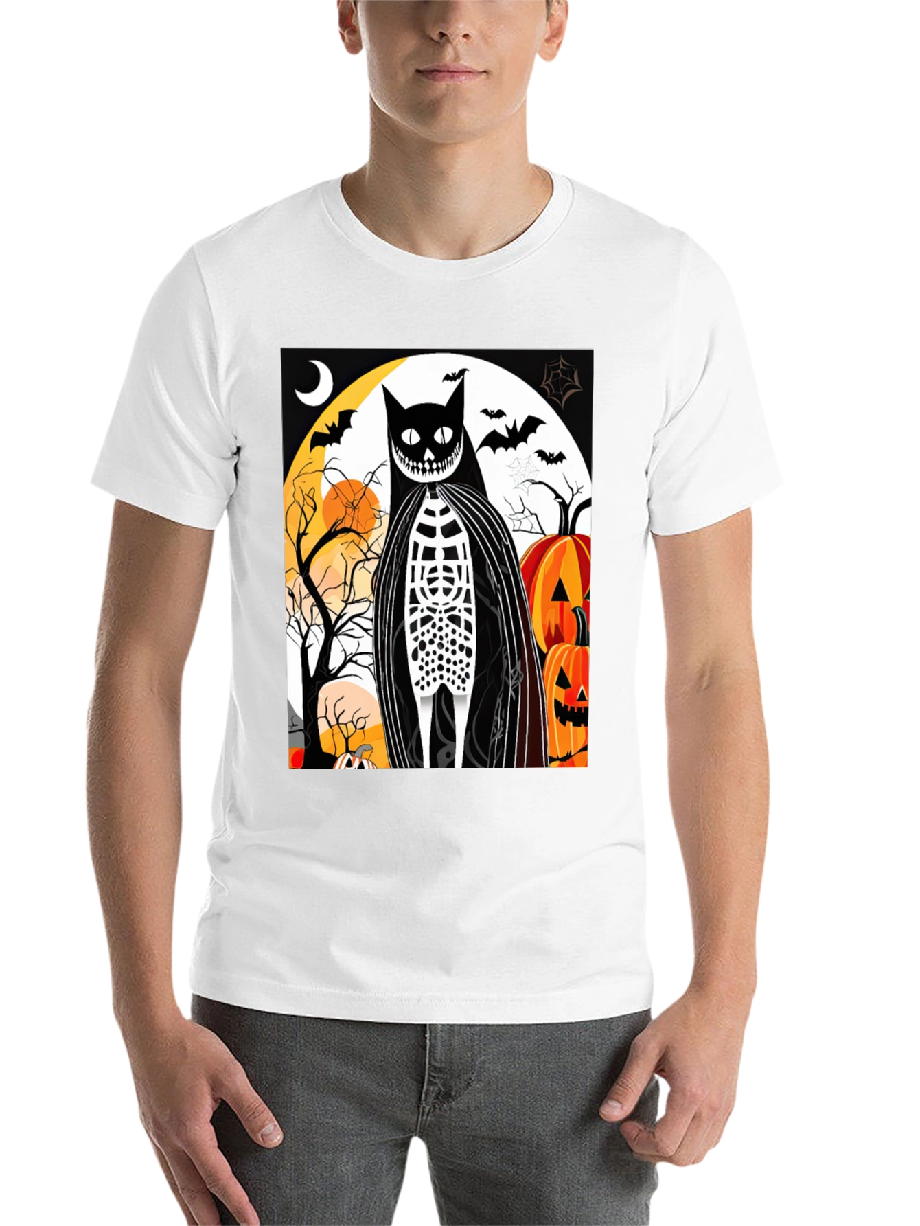 Black Halloween Cat Skeleton Graphic T-Shirt view 14