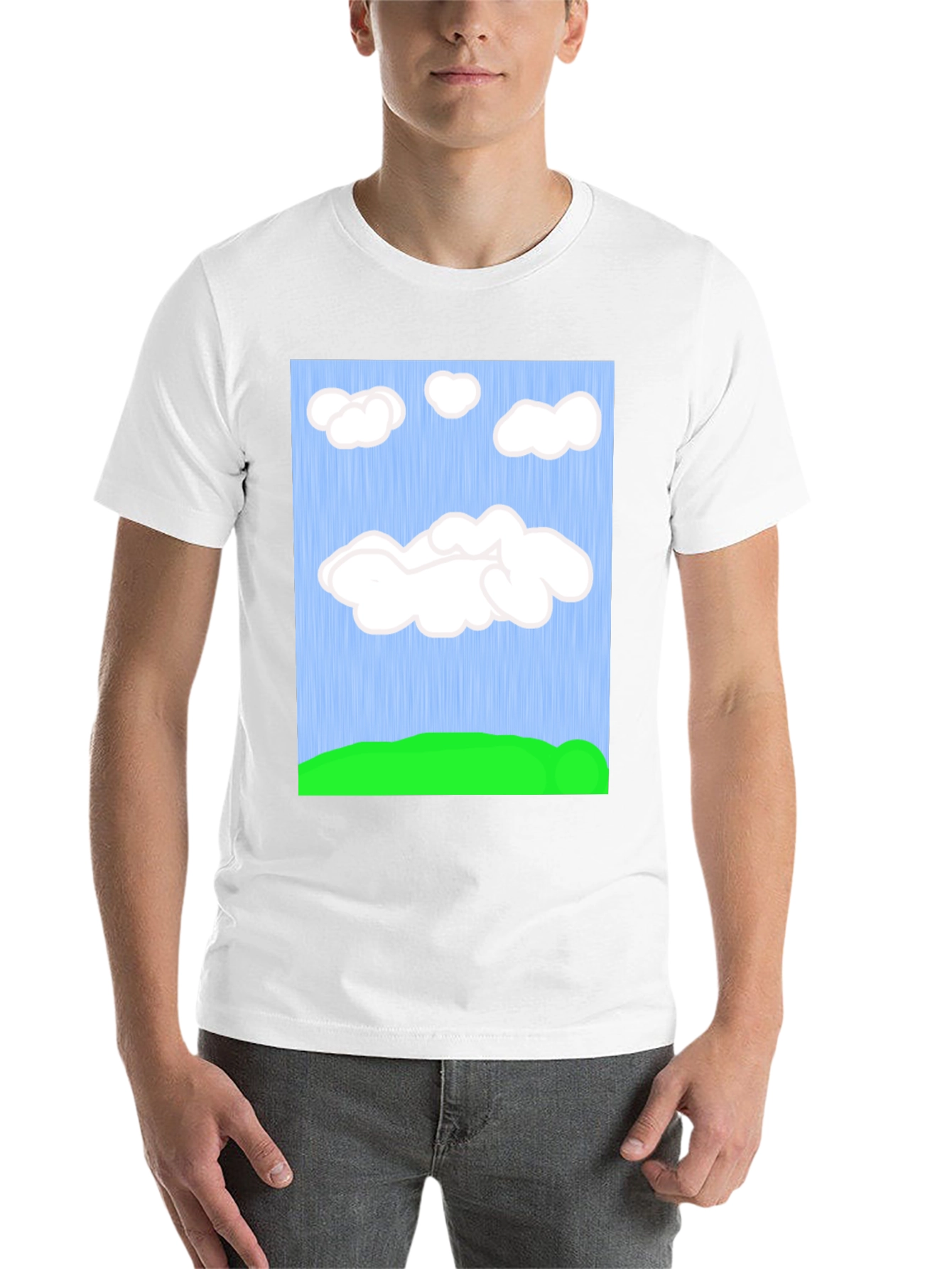 Black Cartoon Clouds T-Shirt - Sky & Green Field Design view 14