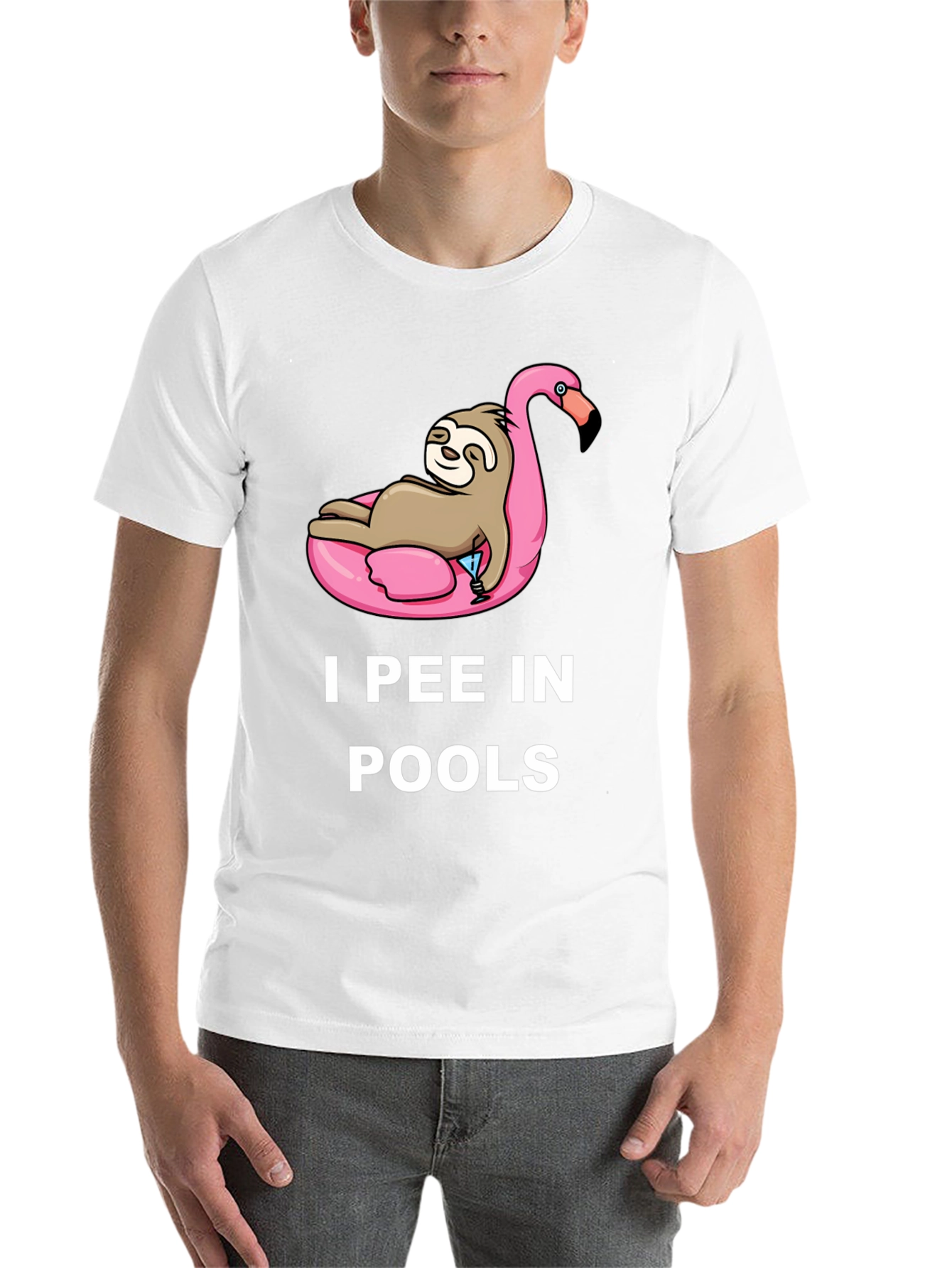 Black Sloth on Flamingo Pool Float T-Shirt - I Pee in Pools view 14