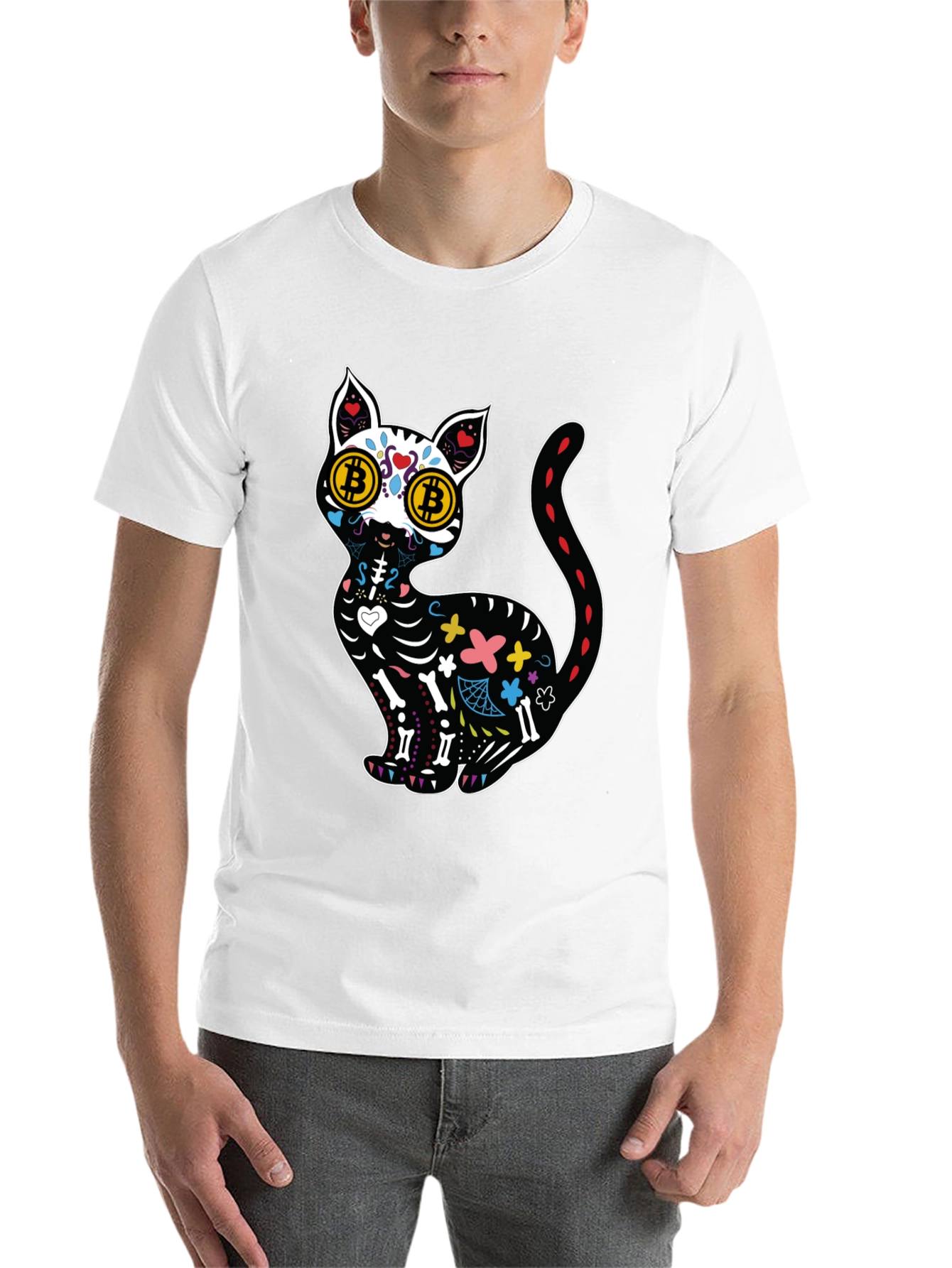 Black Bitcoin Cat Sugar Skull T-Shirt view 14