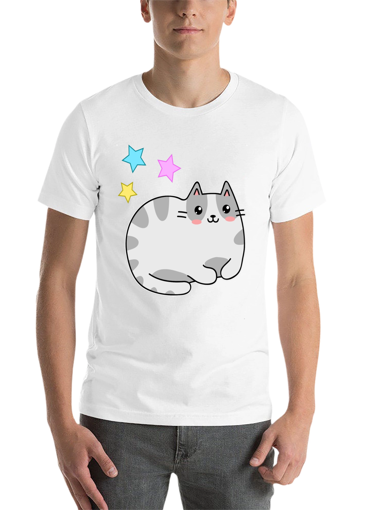 Black Cute Kawaii Cat Stars Graphic T-Shirt view 14