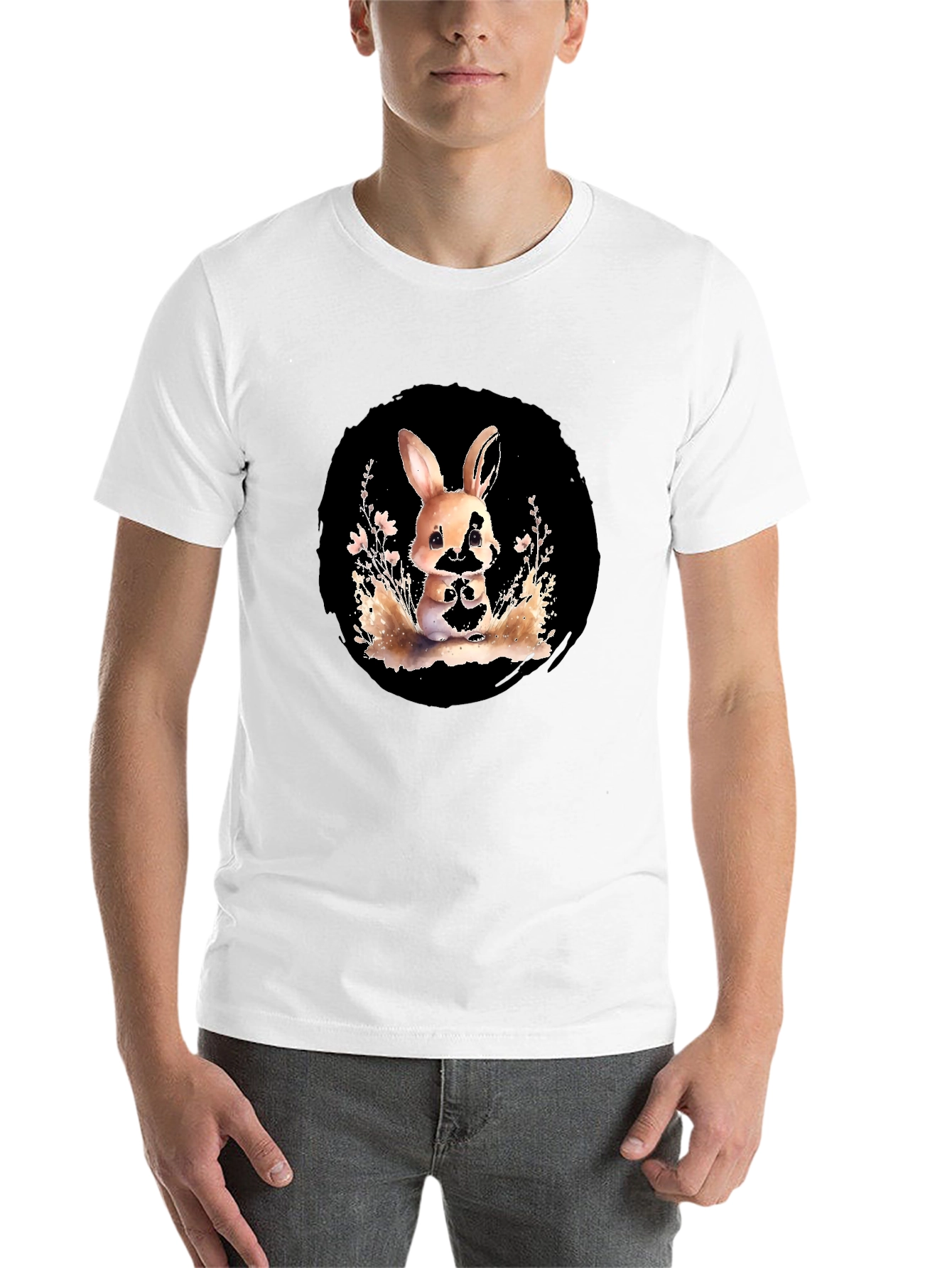 Black Cute Rabbit Graphic Tee - Stylish Black Cotton Blend Shirt view 14
