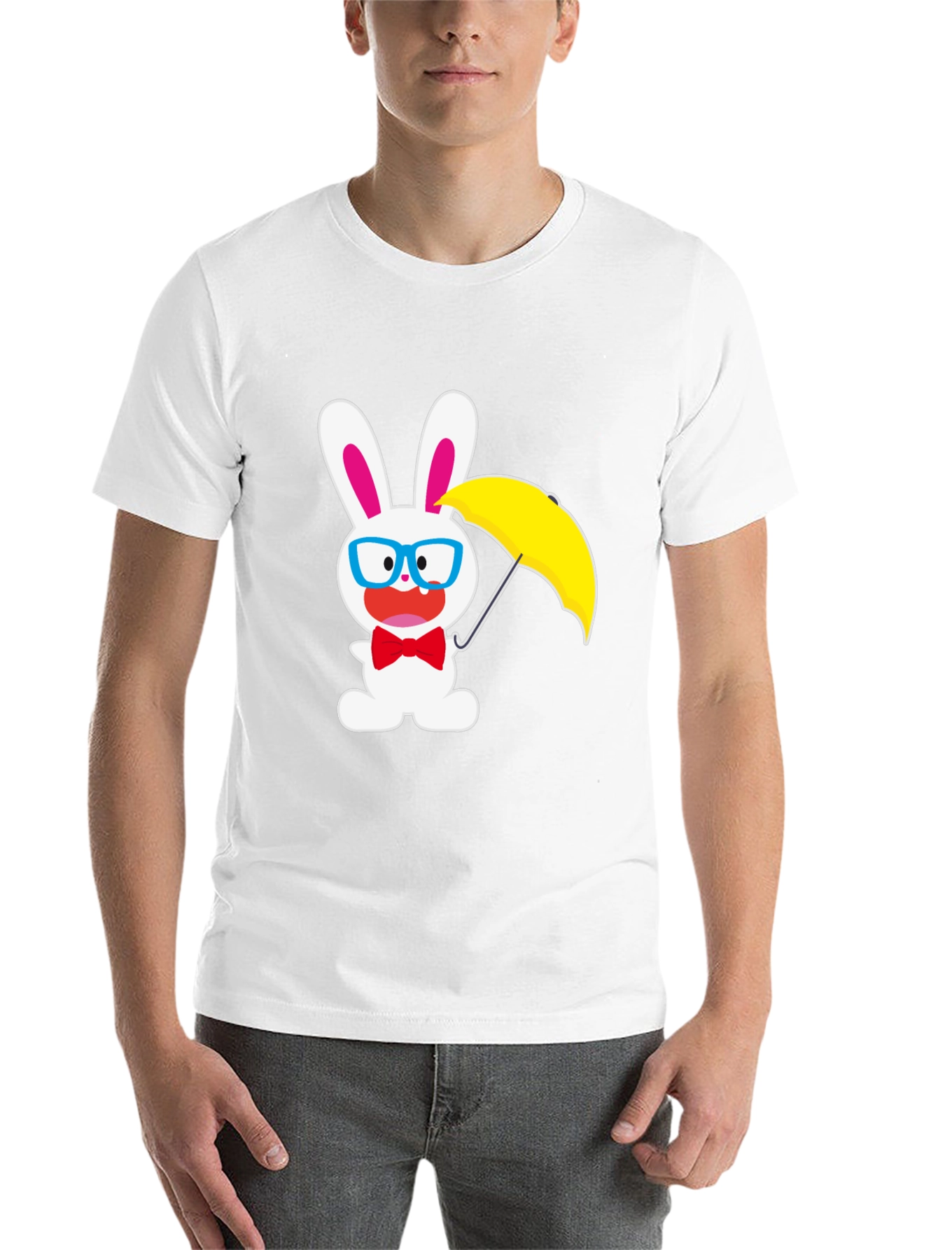 Black Funny Bunny T-Shirt: White Rabbit with Glasses & Umbrella view 14