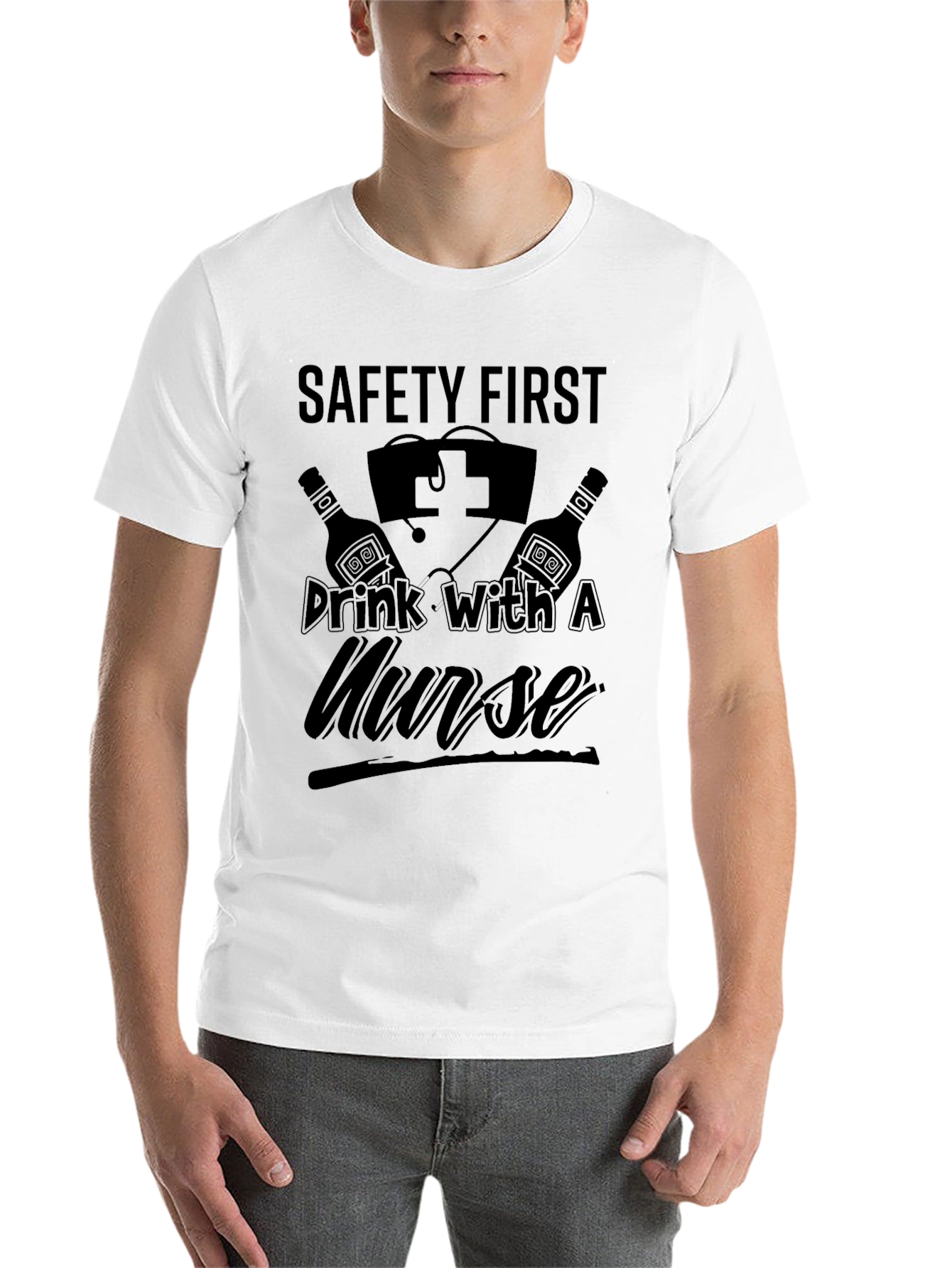 Black Safety First Drink with a Nurse Graphic Tee view 14