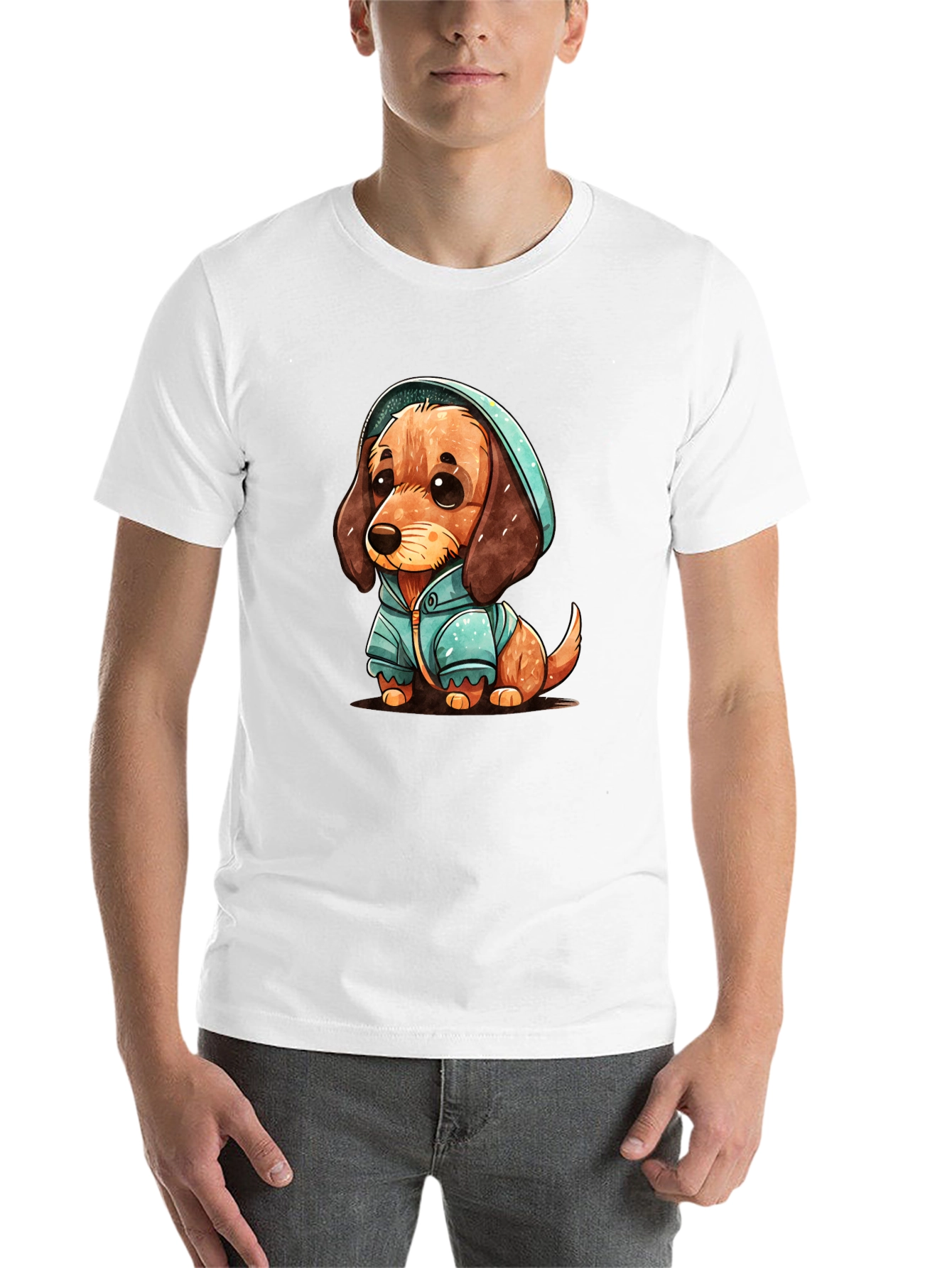Black Cute Dachshund Puppy in Hoodie T-Shirt view 14