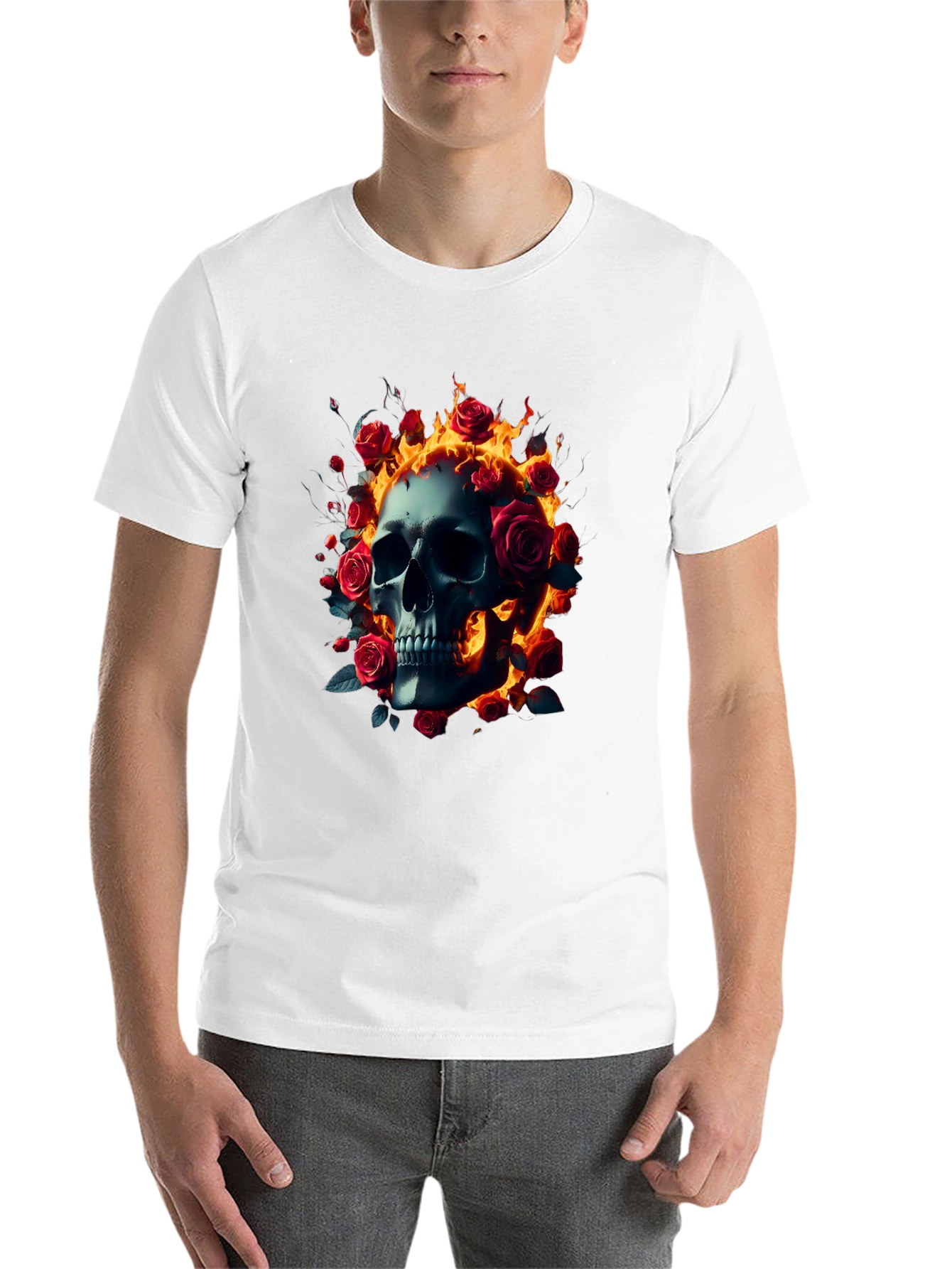 Black Skull Roses Flames T-Shirt - Dark Gothic Tee view 14