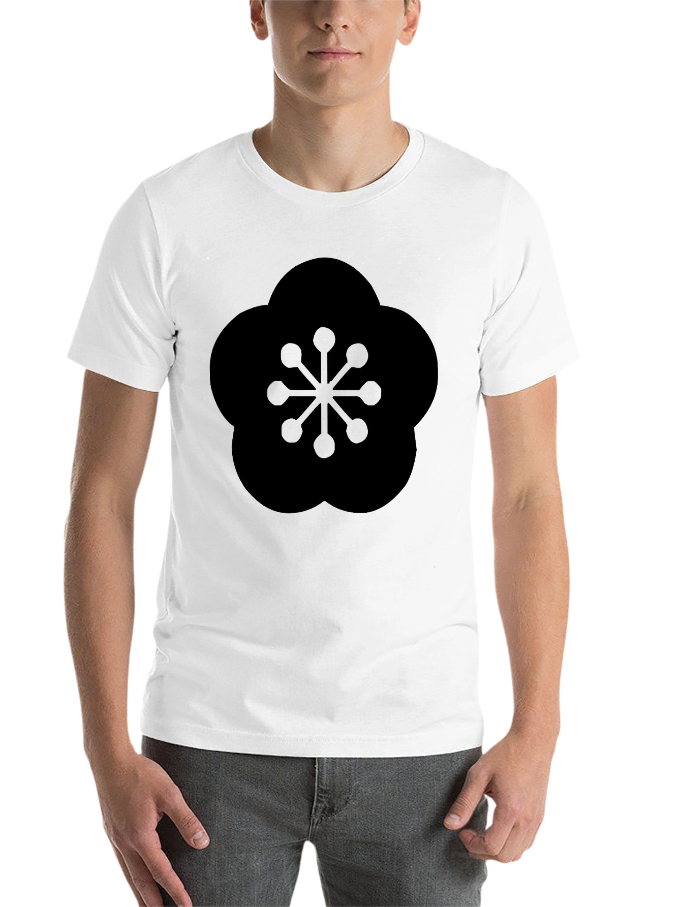 Black Black T-Shirt with Geometric Plum Blossom Design view 14