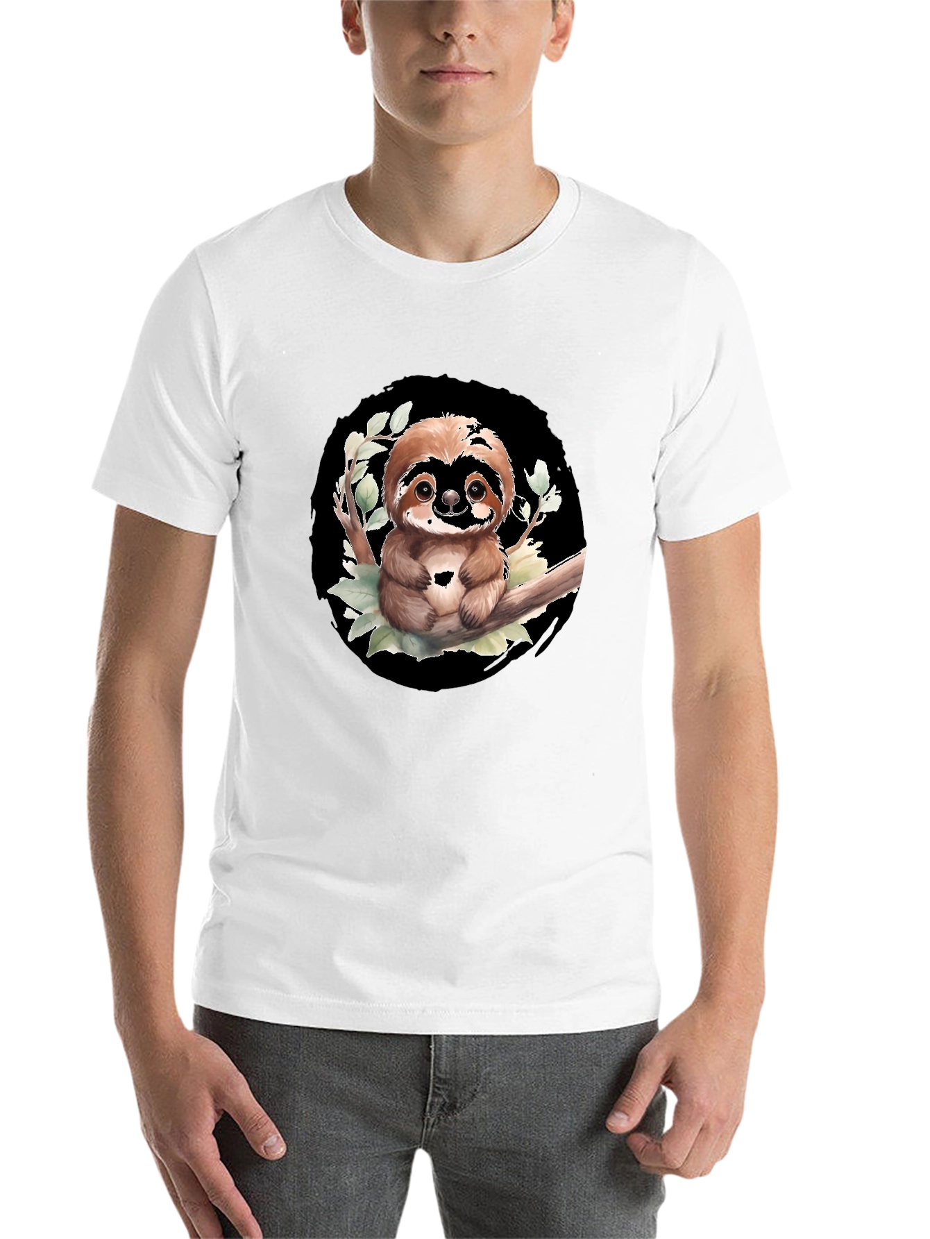 Black Cute Sloth on Branch Graphic Tee - Black T-Shirt view 14