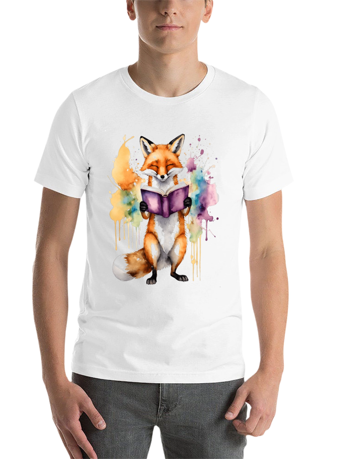 Black Fox Reading Book T-Shirt - Watercolor Design view 14