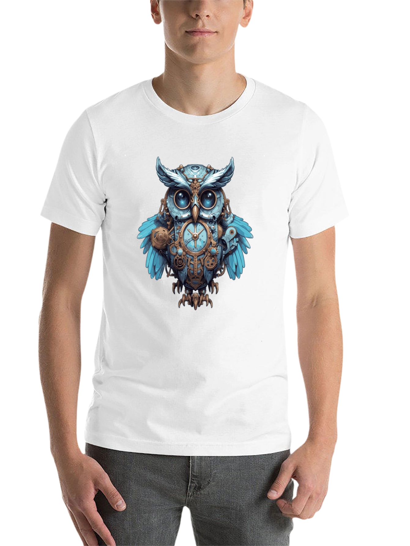 Black Steampunk Owl Graphic Print Men's T-Shirt view 14