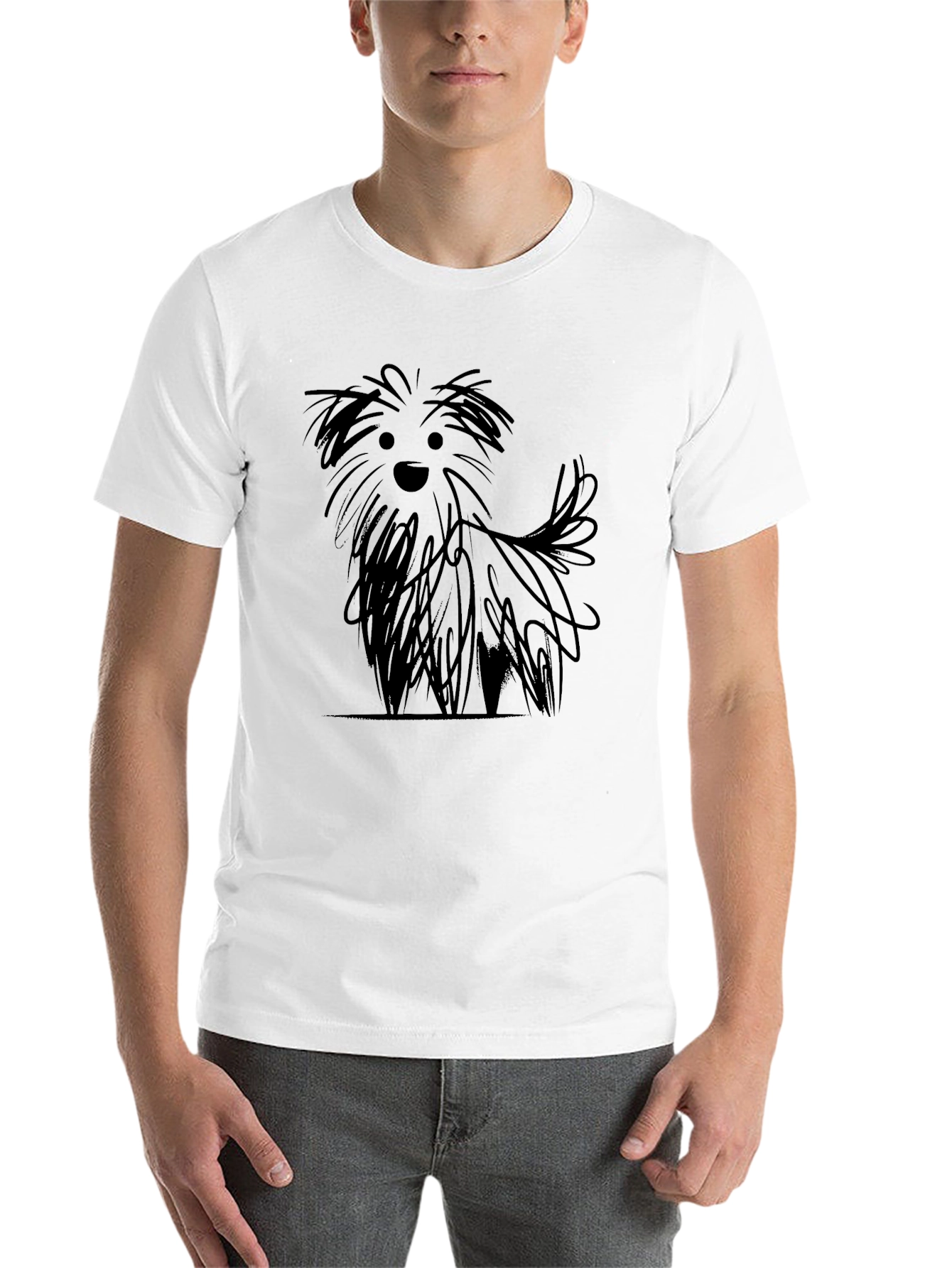 Dog Sketch Graphic Tee - Black Cotton Casual Shirt - 14