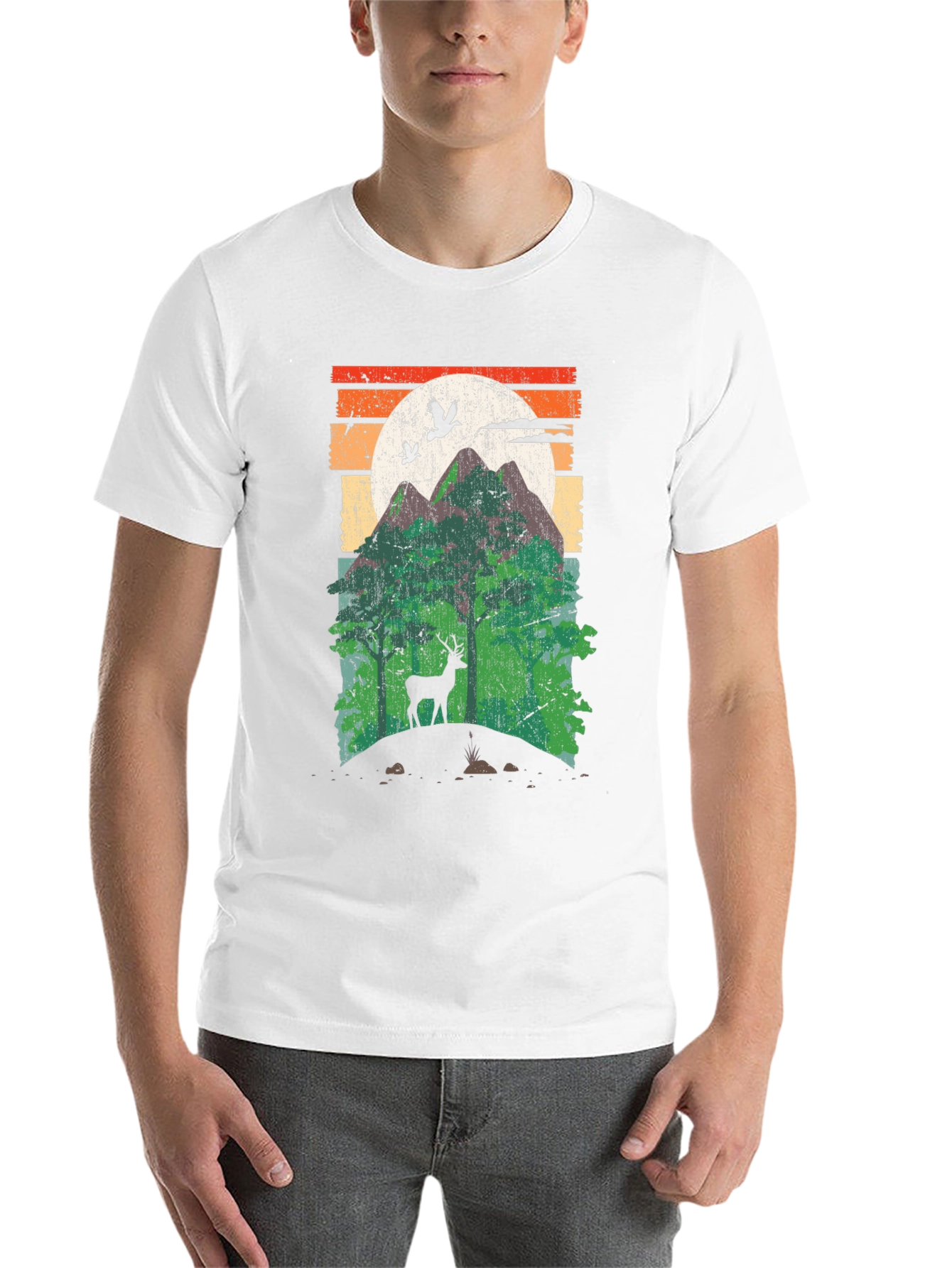 Black Retro Mountain Deer Graphic T-Shirt view 14