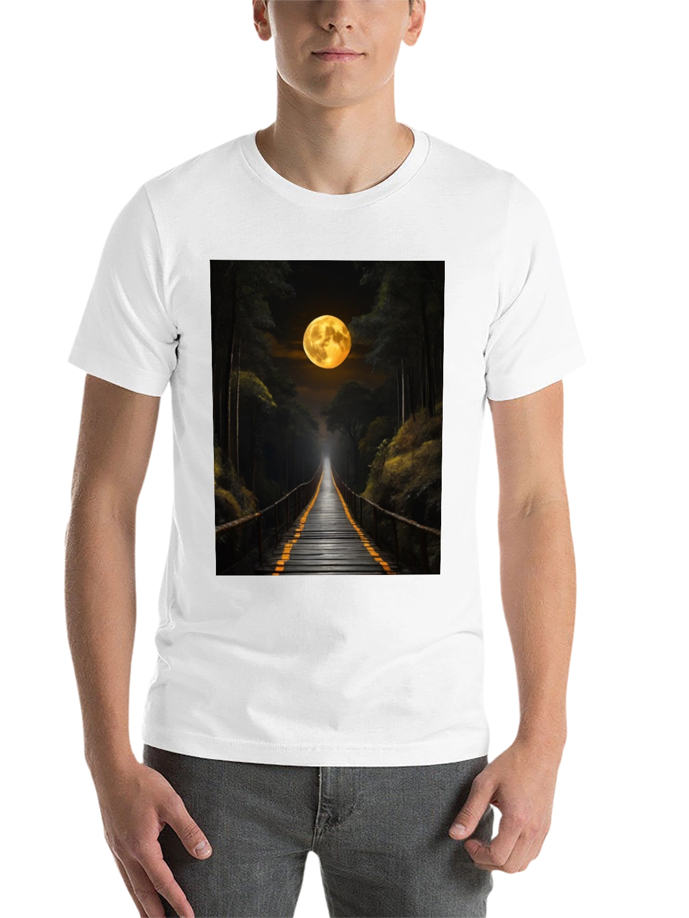 Black Moonlit Forest Bridge Graphic Tee view 14