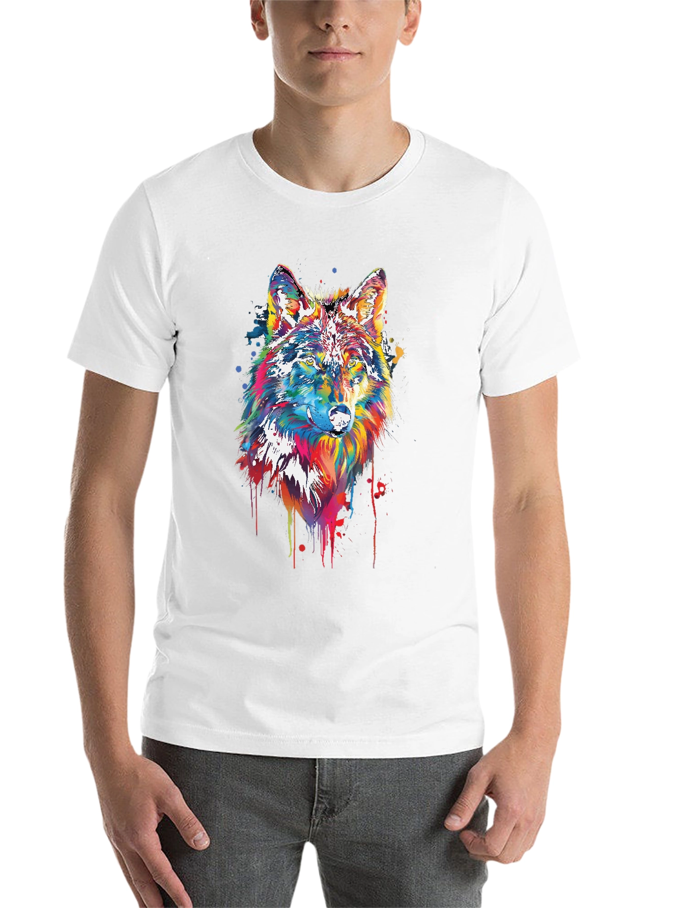 Black Colorful Wolf Graphic Tee - Black Cotton Blend view 14