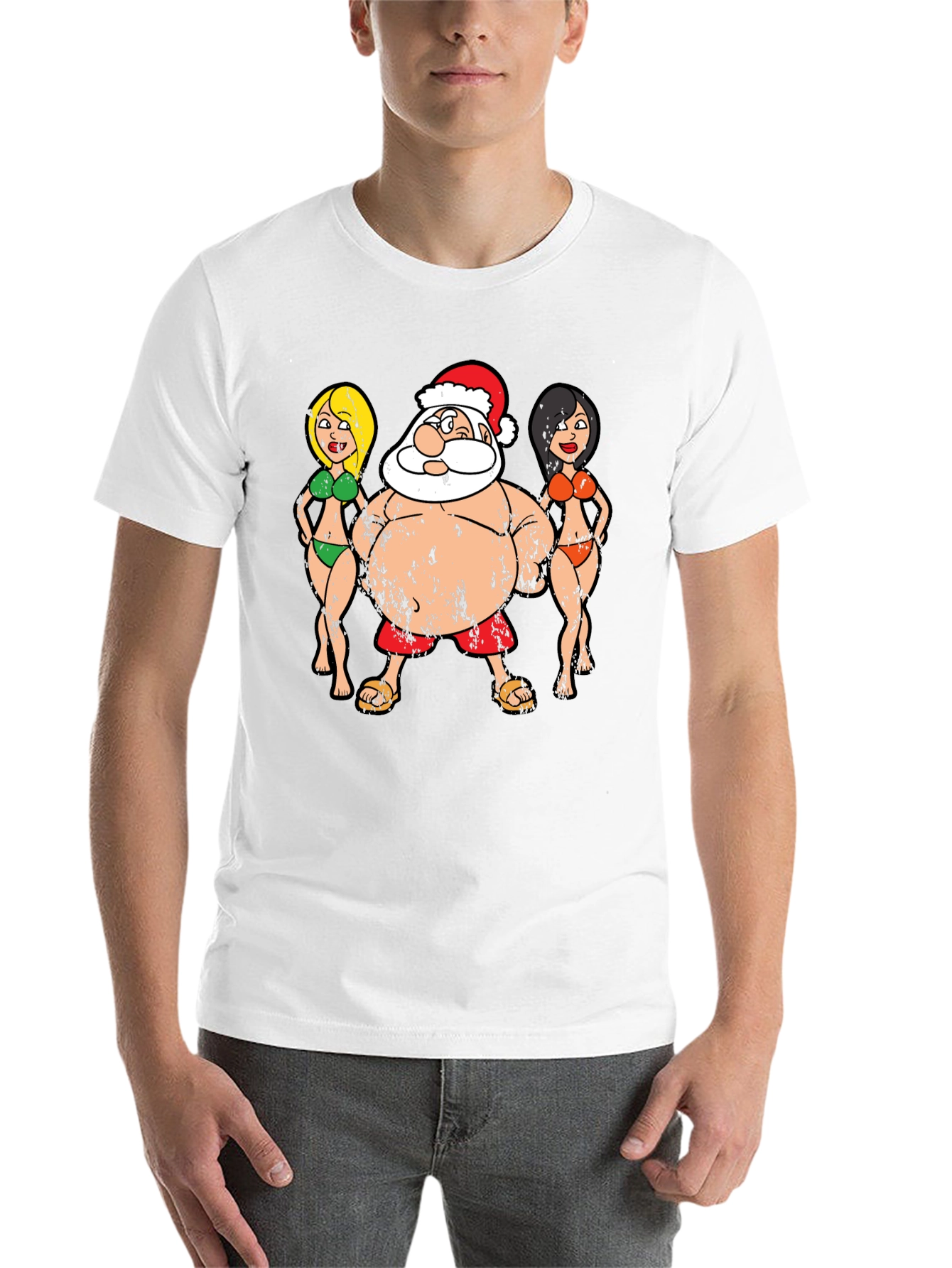 Black Funny Santa and Bikini Girls Graphic Tee view 14
