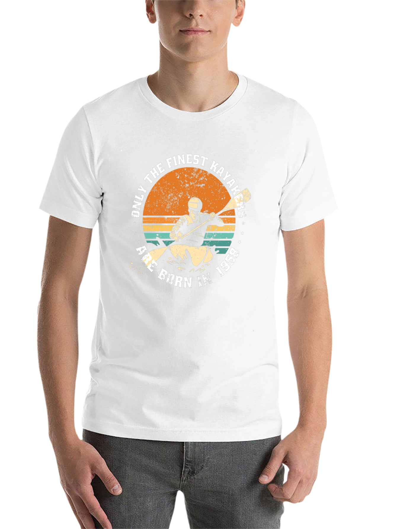 Black Finest Kayakers Born in 1958 Retro T-Shirt view 14