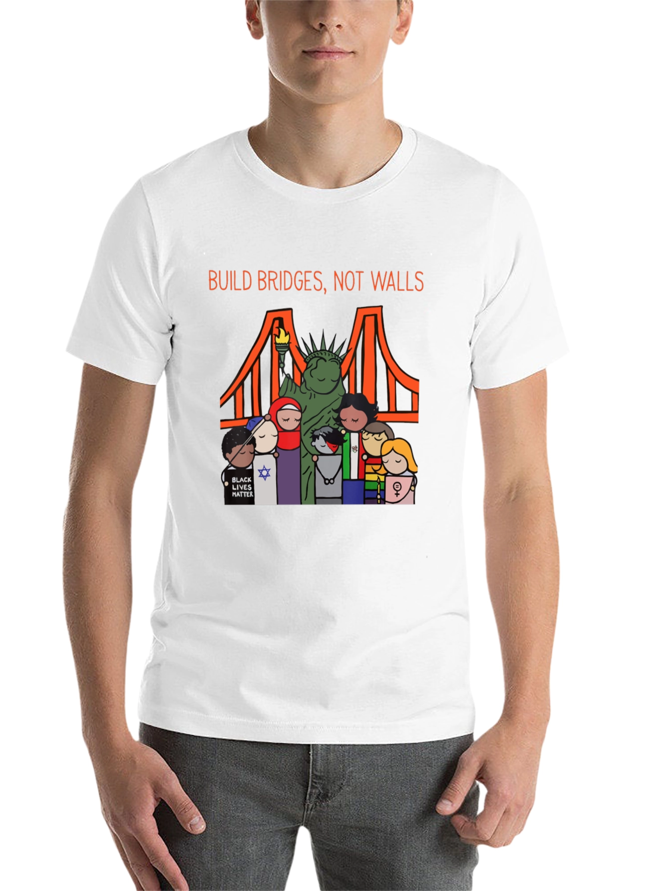 Black Build Bridges Not Walls Diversity Graphic Tee view 14