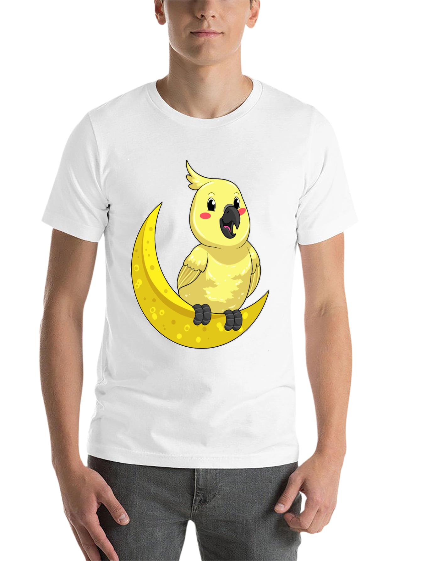 Black Cute Cockatiel On Moon T-Shirt - Soft Cotton, Unique Design view 14