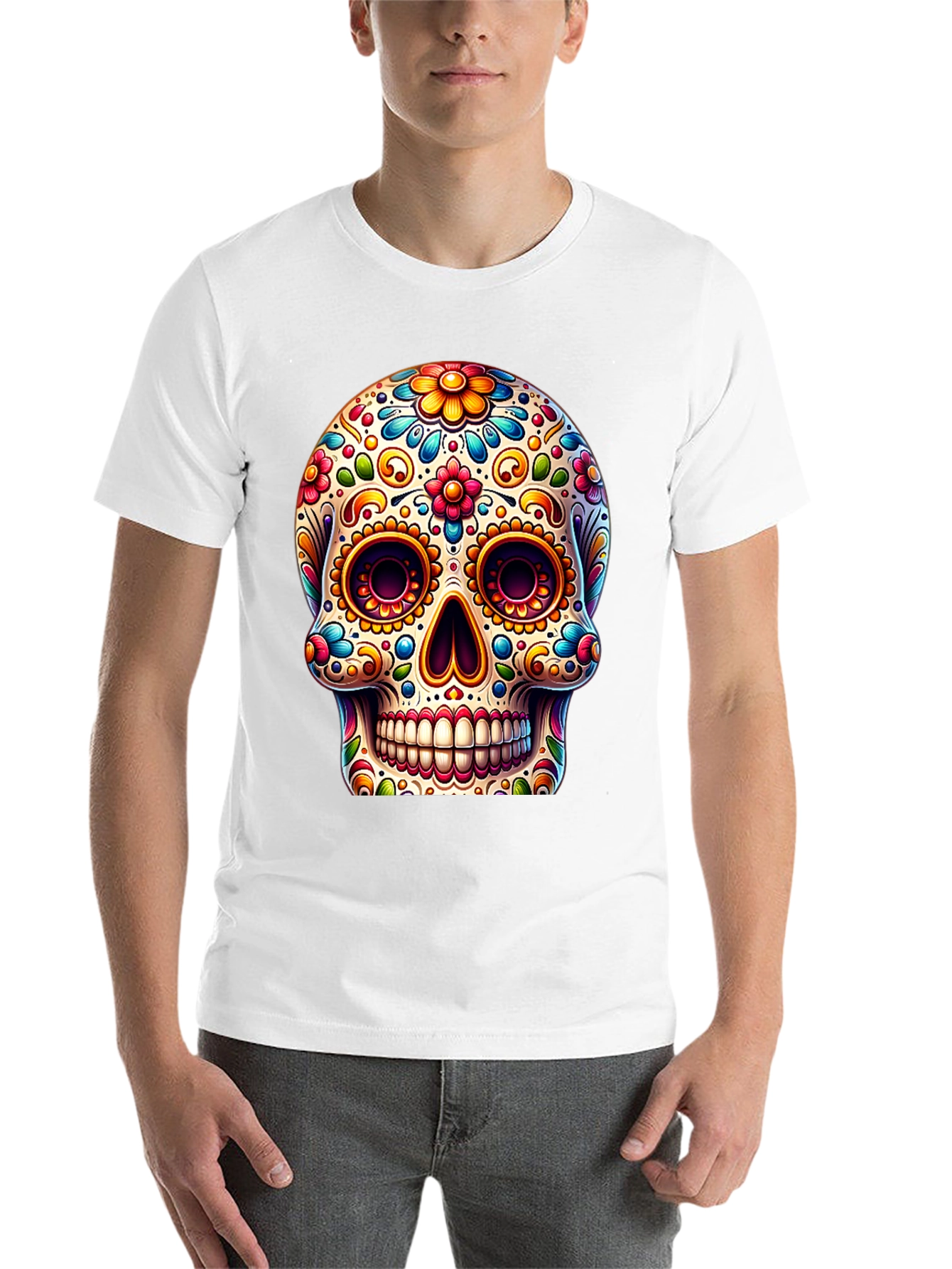 Black Sugar Skull T-Shirt: Colorful Day of the Dead Design view 14