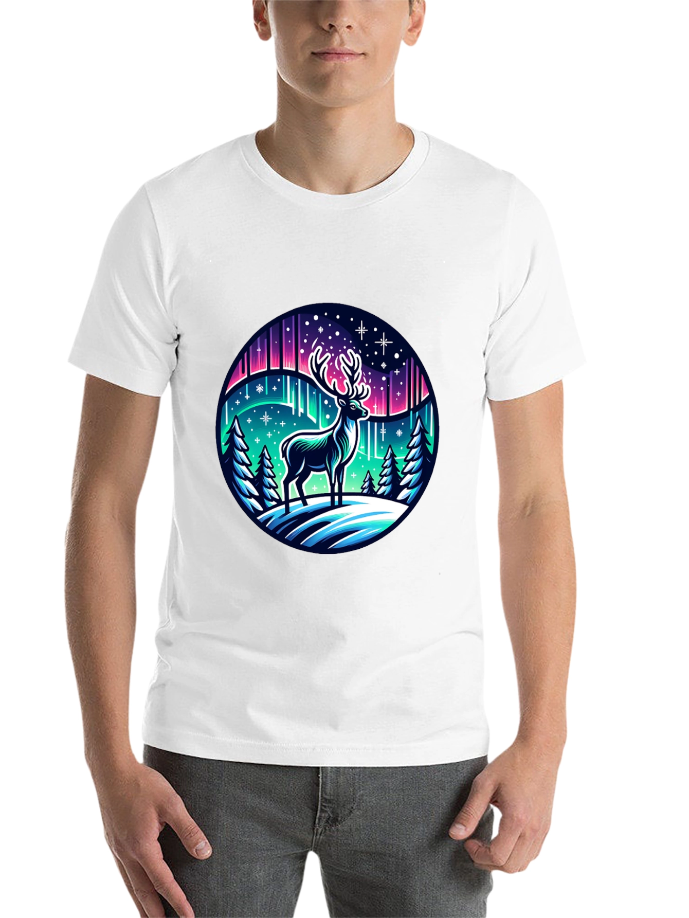 Black Winter Deer Graphic Tee - Northern Lights Design view 14