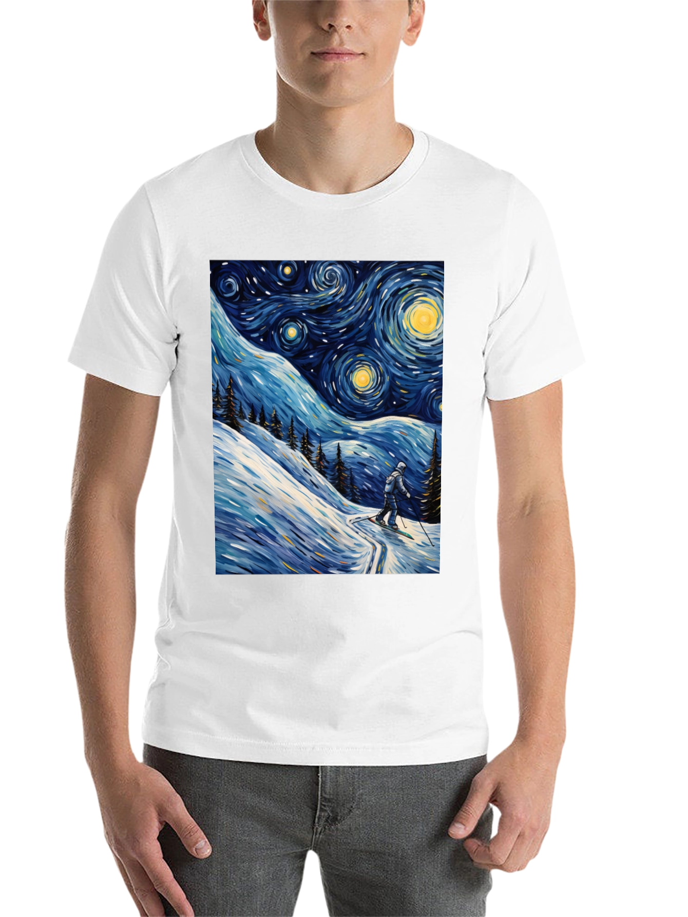 Black Starry Night Skiing Graphic Tee view 14