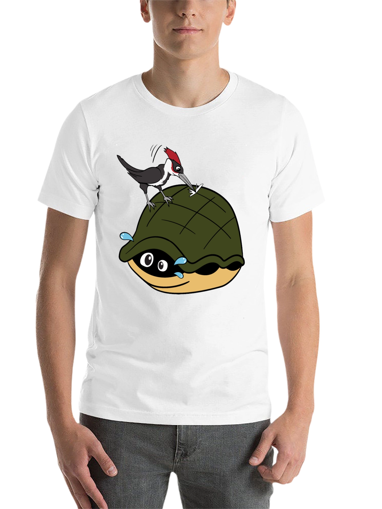 Black Cartoon Turtle and Woodpecker Graphic Tee view 14