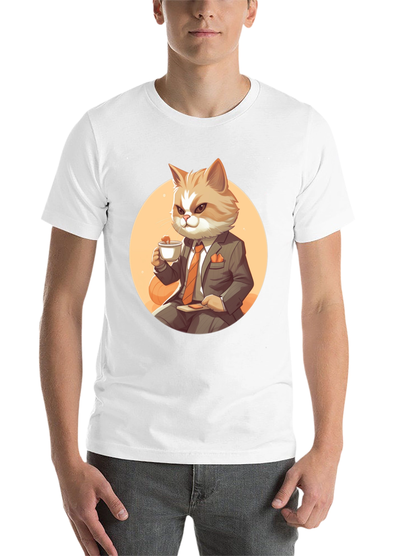 Black Cat Boss T-Shirt: Cartoon Cat in Suit Sipping Tea view 14