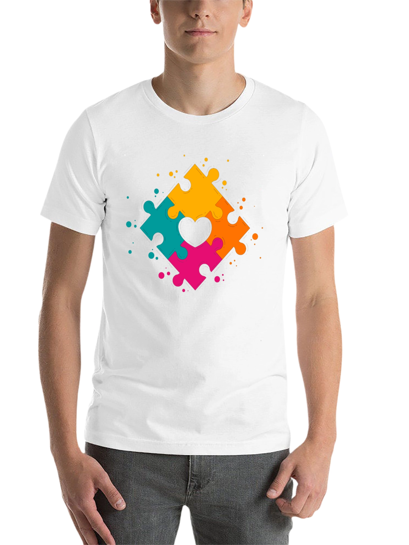 Black Autism Awareness Puzzle Heart T-Shirt view 14