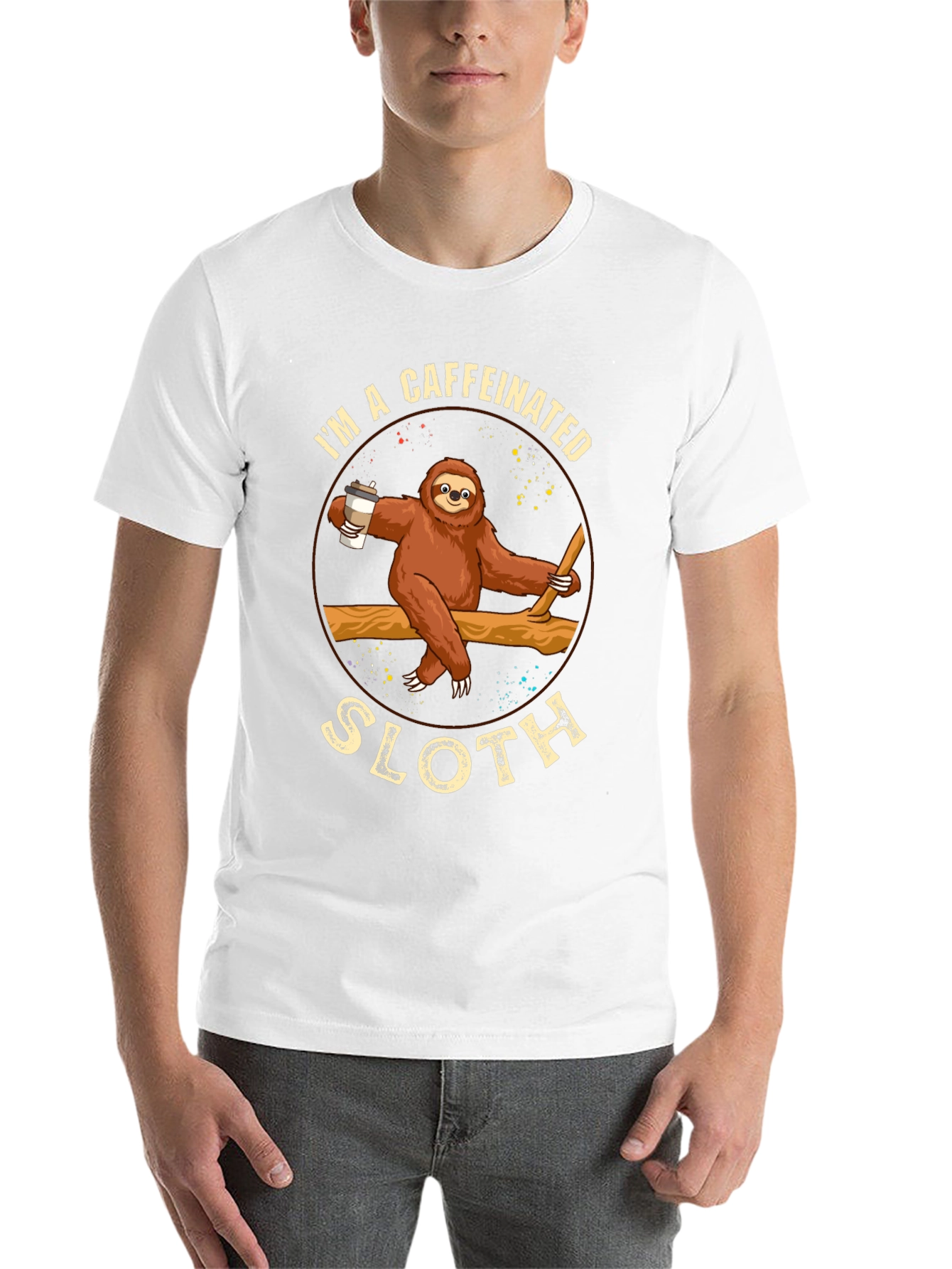 Black Caffeinated Sloth Graphic T-Shirt - Unisex view 14
