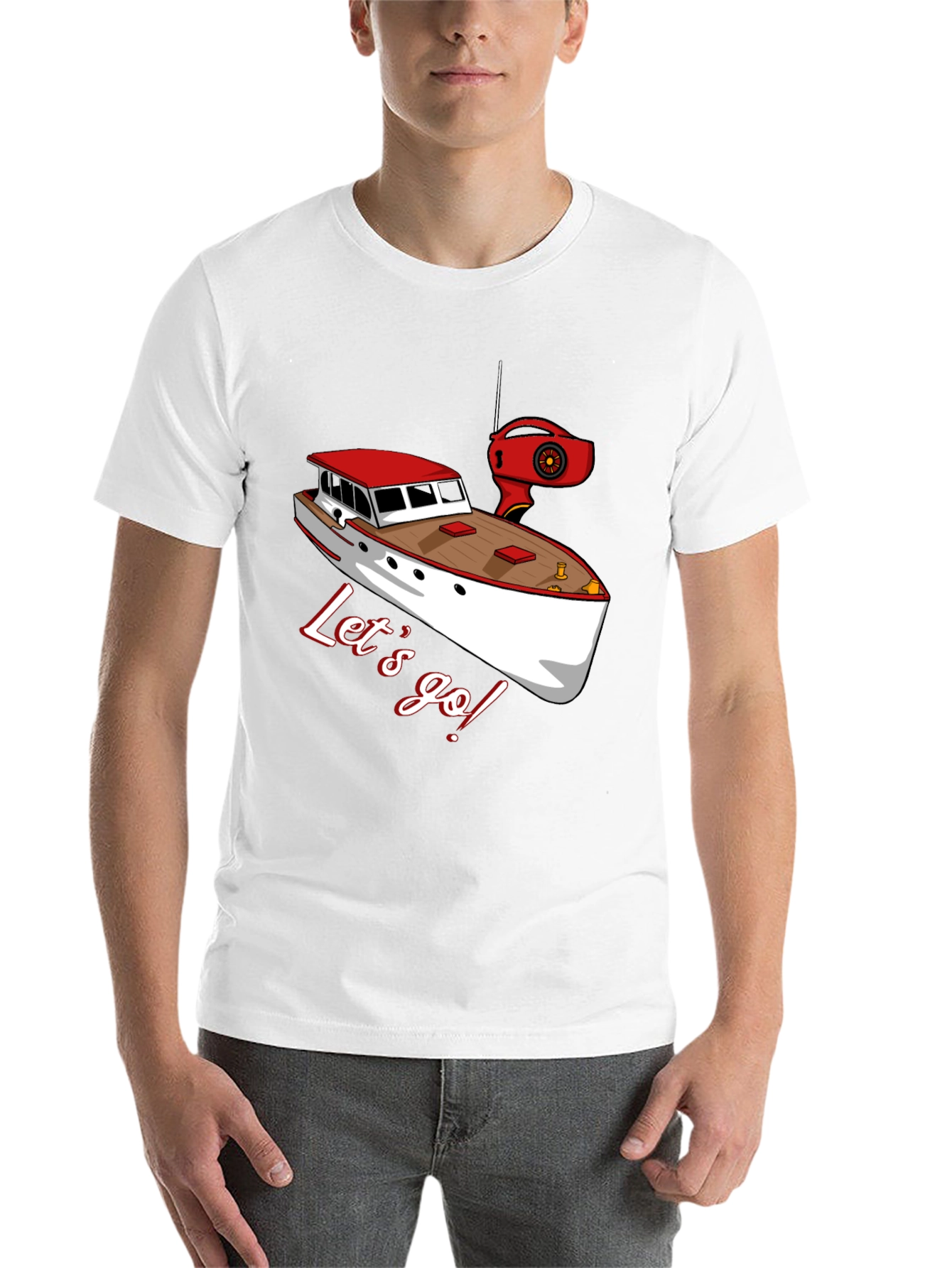 Black Let's Go Boating T-Shirt: Red & White Boat Graphic view 14