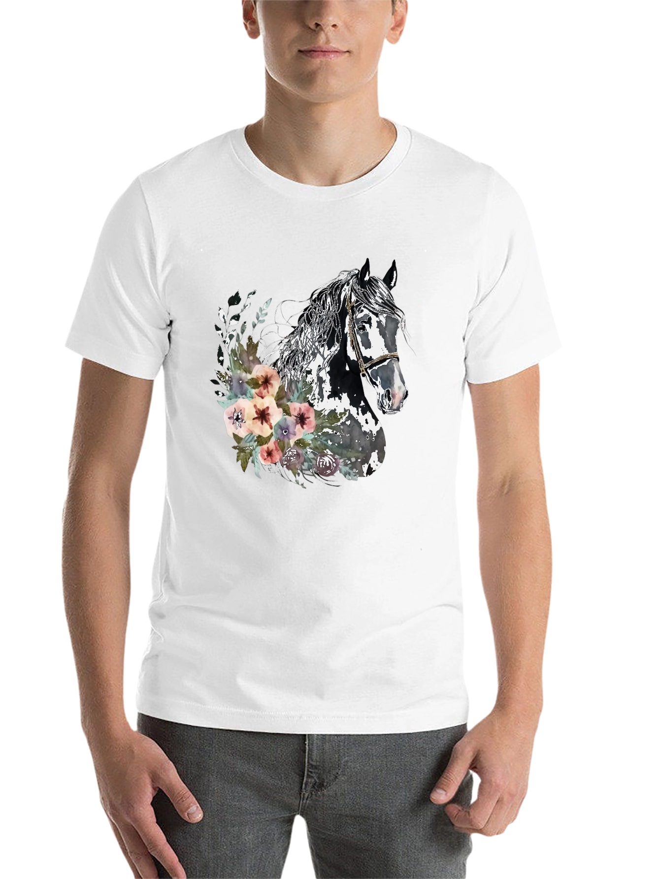 Black Floral Horse Graphic Tee - Unisex Black T-Shirt view 14