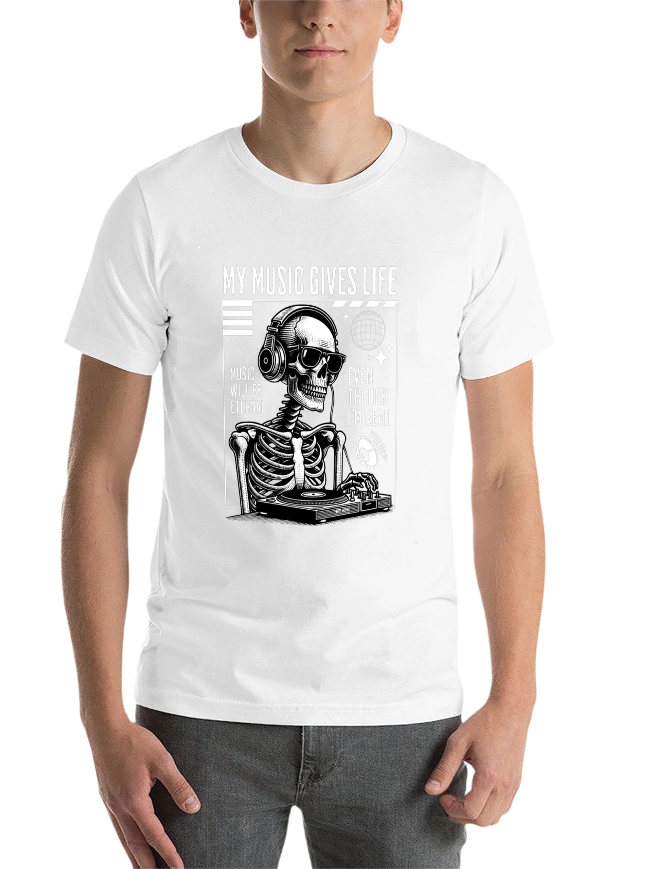 Black Music Gives Life Skeleton DJ Graphic T-Shirt view 14