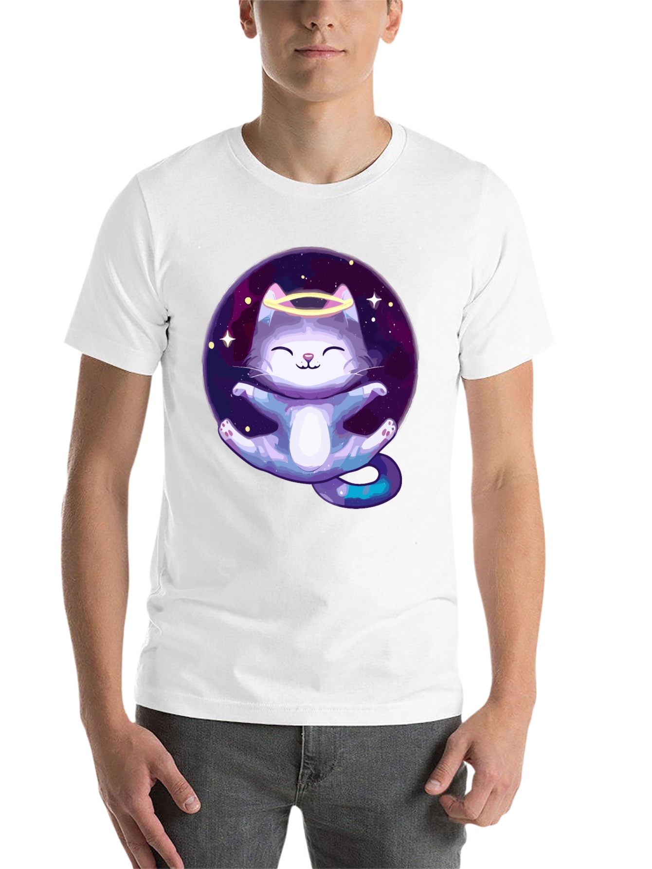 Black Cosmic Cat Angel T-Shirt - Black Cotton Tee view 14