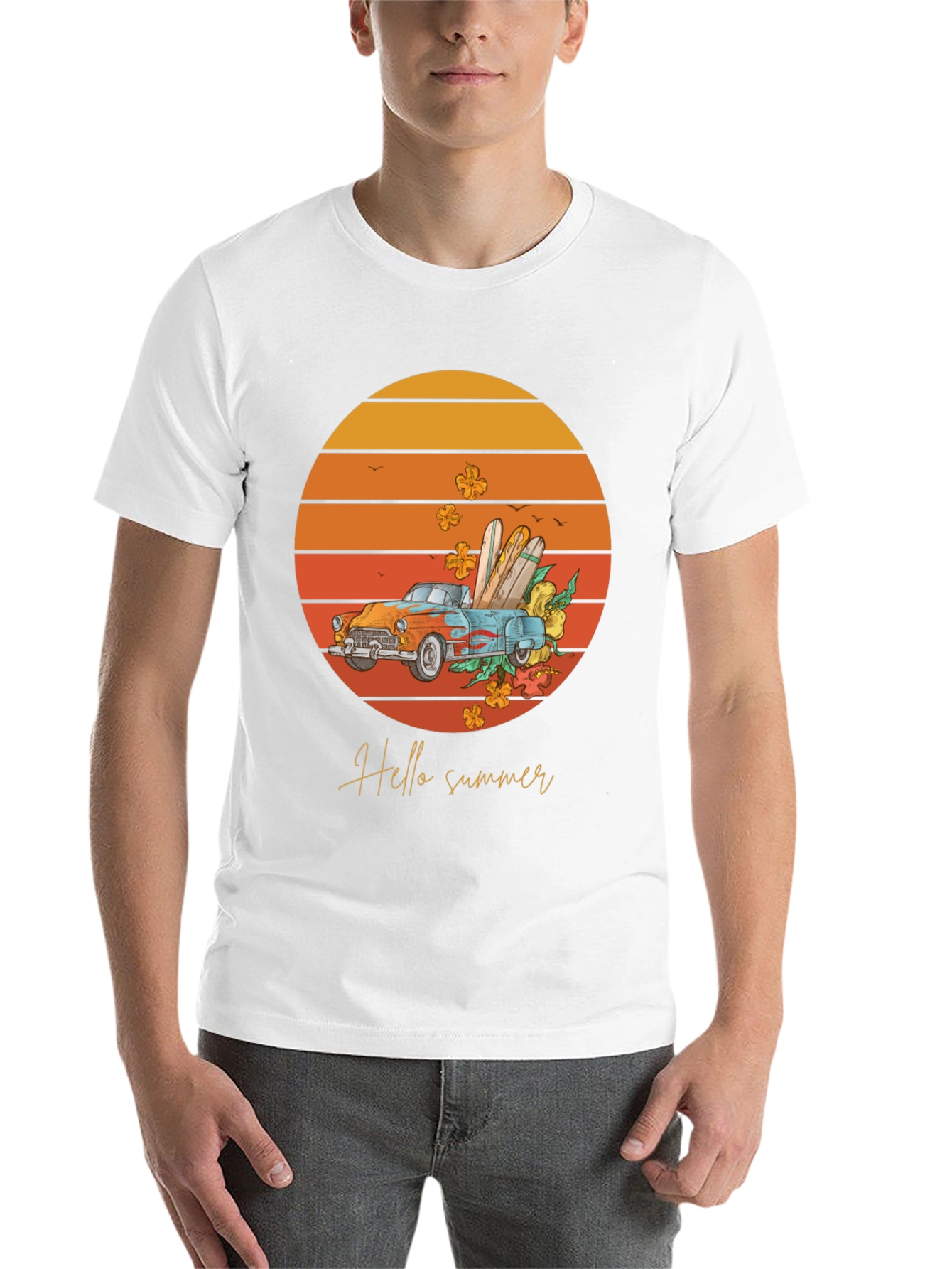 Black Hello Summer T-Shirt - Sunset Car Graphic Tee view 14