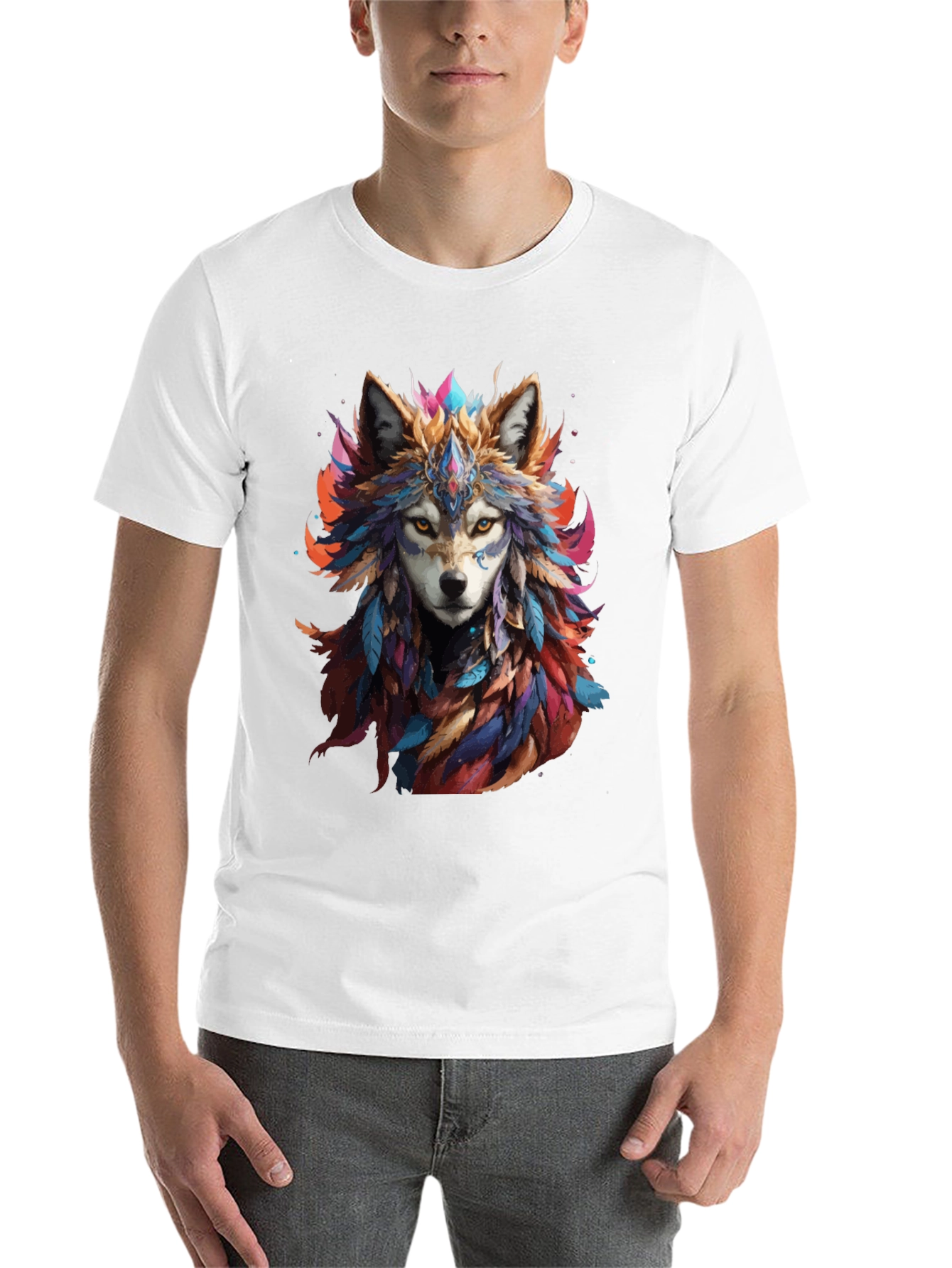 Black Wolf Feather Headdress Graphic Black T-Shirt view 14