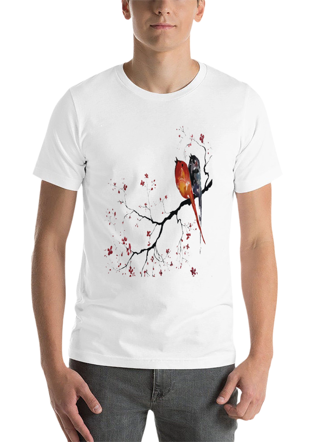 Black Artistic Birds on Branch Graphic Tee view 14