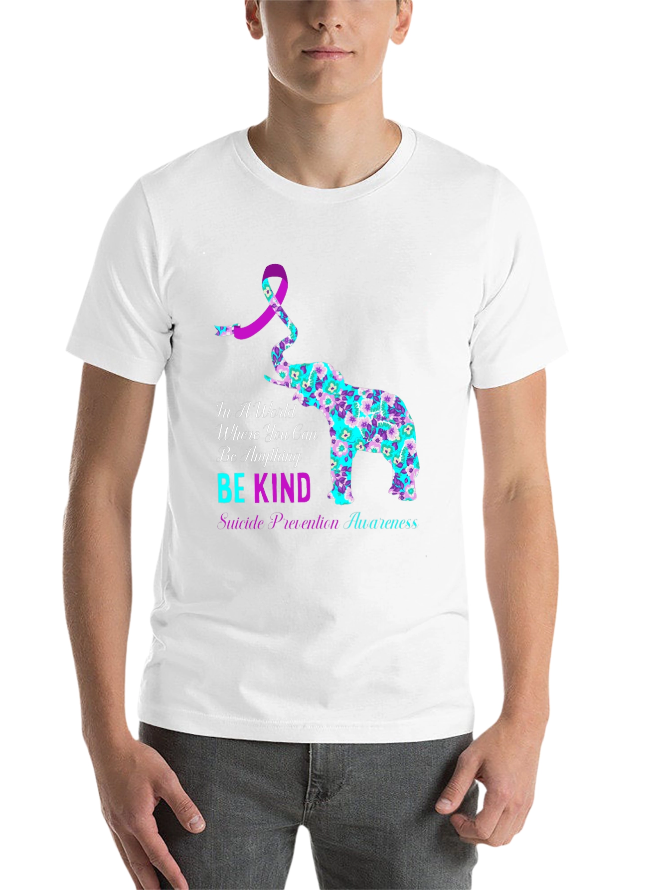 Black Be Kind Suicide Awareness Elephant Graphic Tee view 14