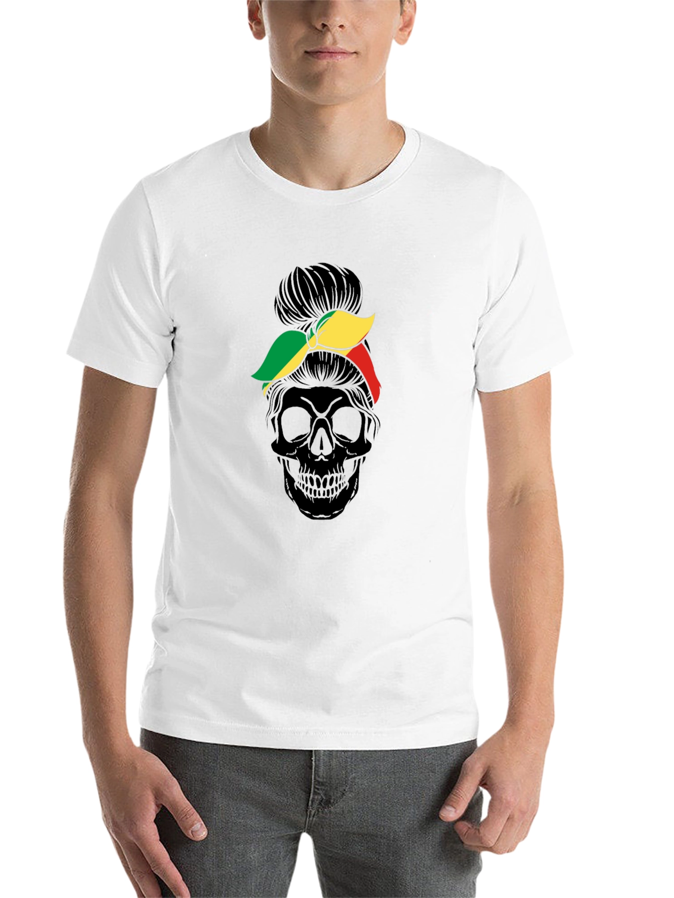 Black Skull Messy Bun T-Shirt - Unique Graphic Tee view 14