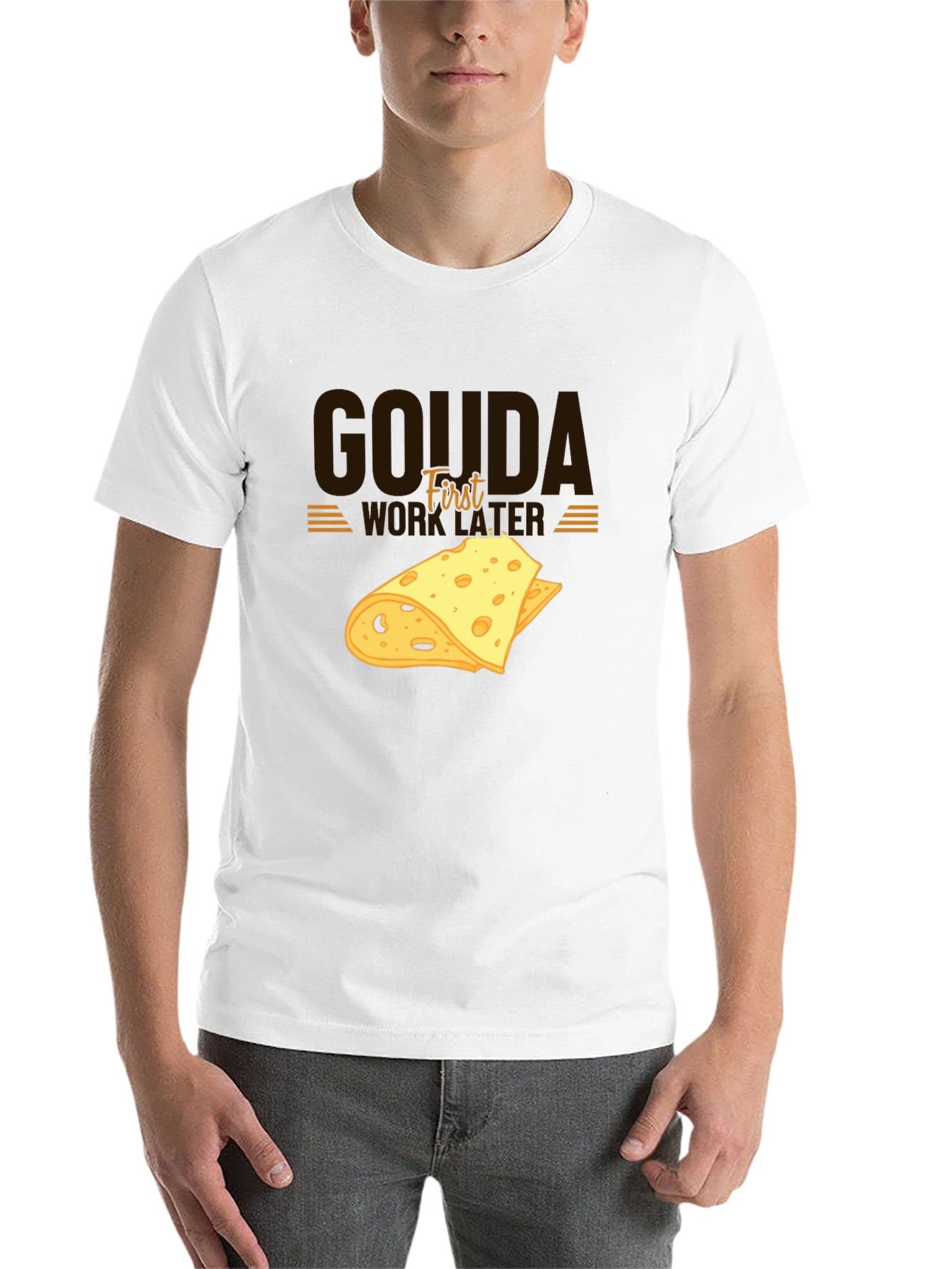 Black Gouda First Work Later Cheese Graphic T-Shirt view 14