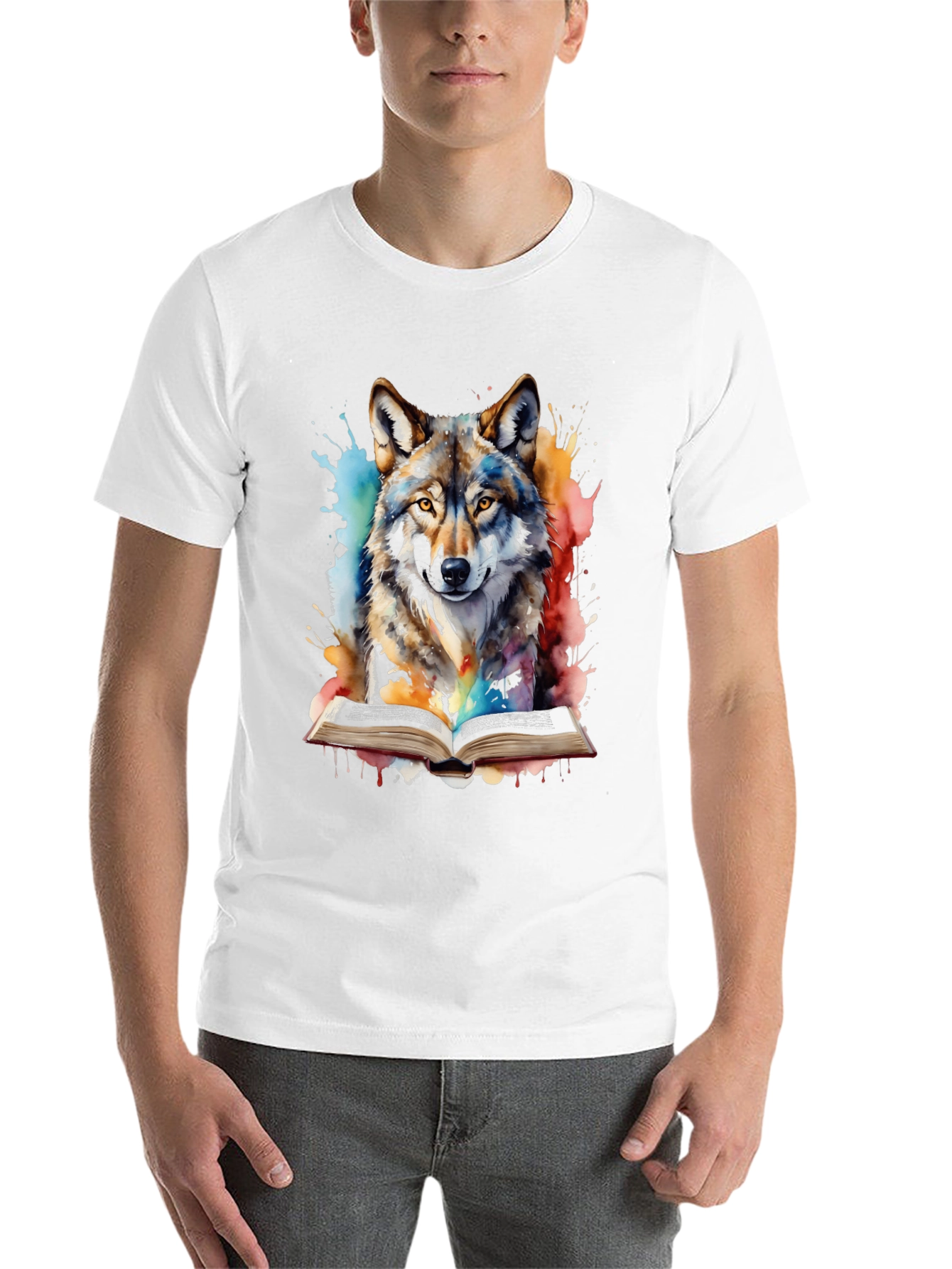 Black Watercolor Wolf Reading T-Shirt - Unique Graphic Tee view 14